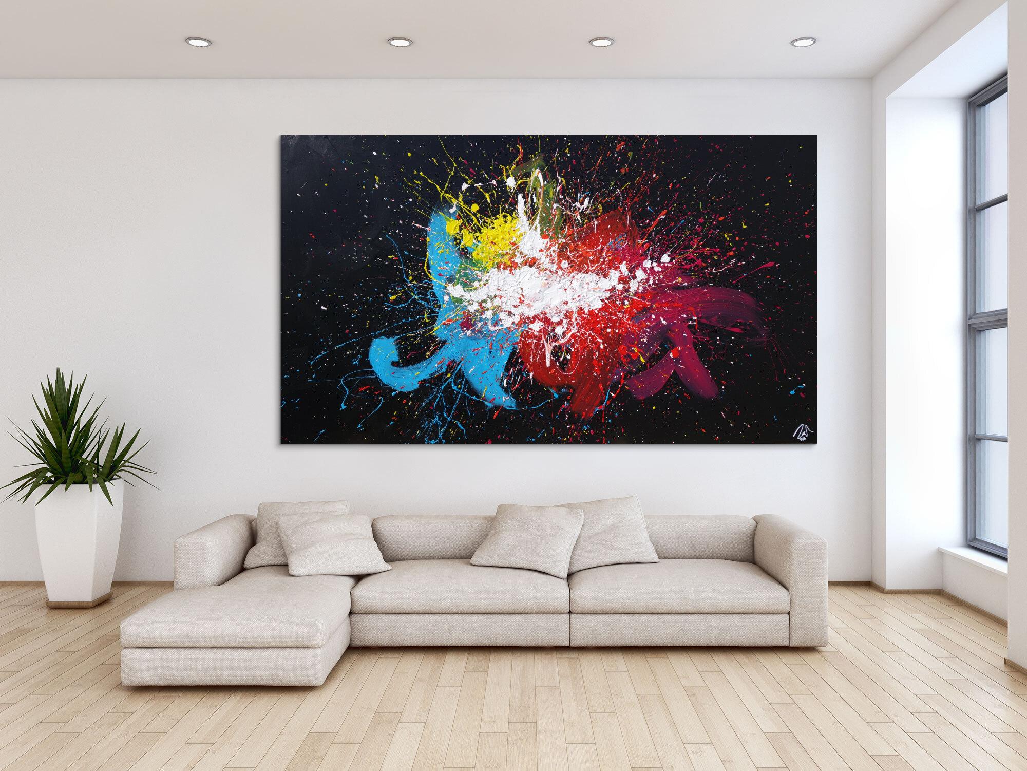 Abstraktes Acrylbild sehr bunt auf schwarzem Hintergrund Modern Art Action Painting Splash Art