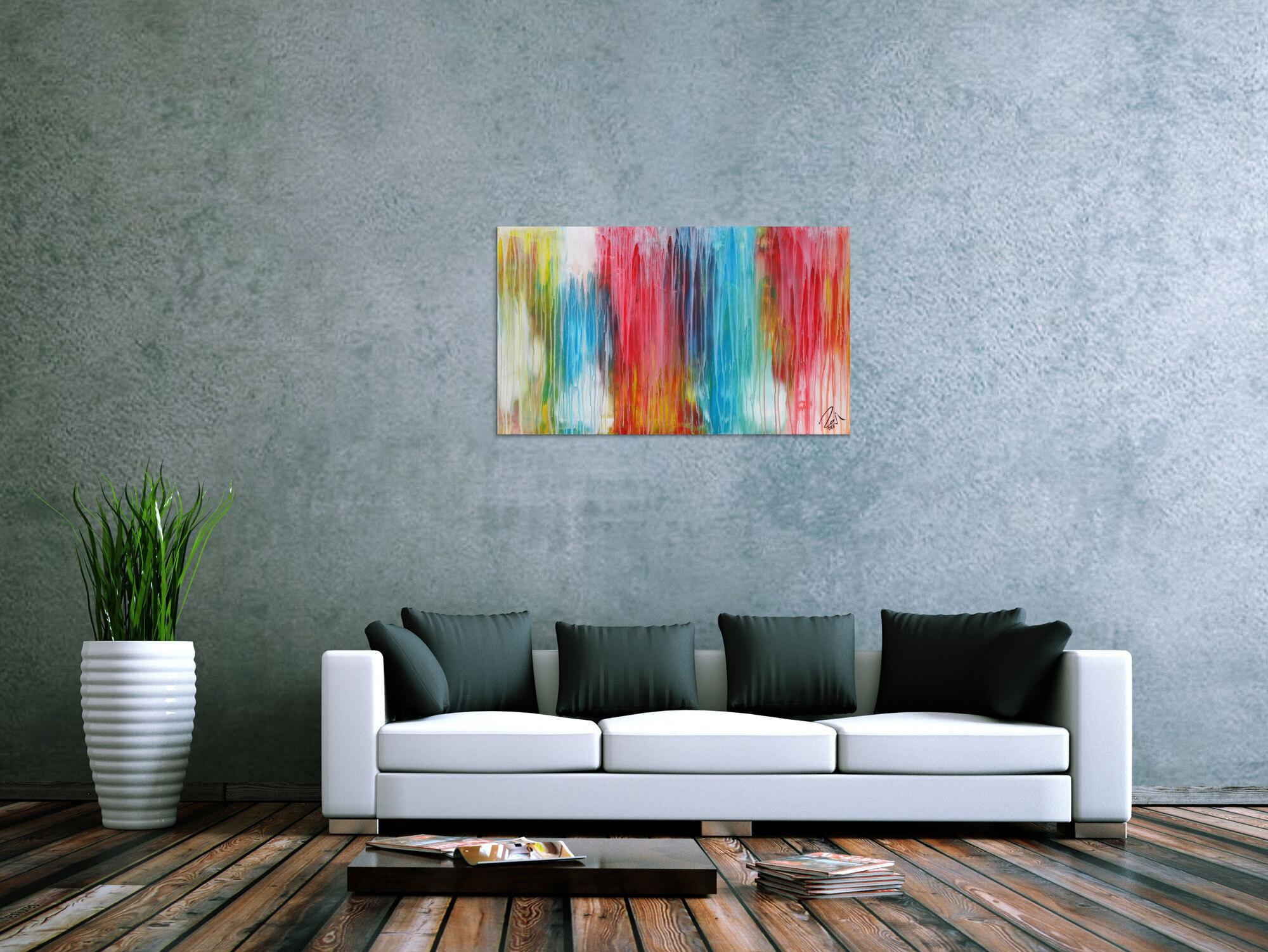 Abstraktes Acrylbild sehr bunt moderne Farben Fließende Farben Mischtechnik modern bunt zeitgenössisch