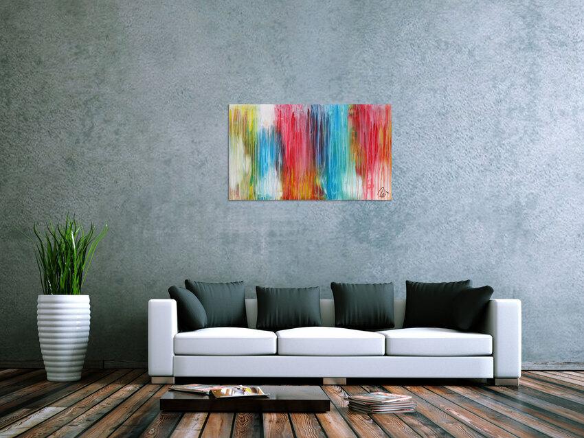 Abstraktes Acrylbild sehr bunt moderne Farben Fließende Farben Mischtechnik modern bunt zeitgenössisch