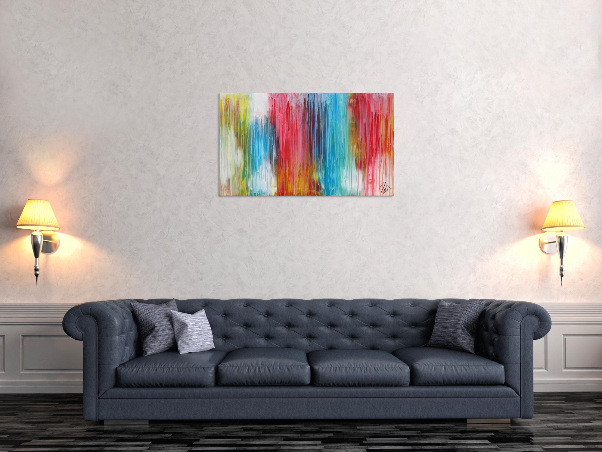 Abstraktes Acrylbild sehr bunt moderne Farben Fließende Farben Mischtechnik modern bunt zeitgenössisch