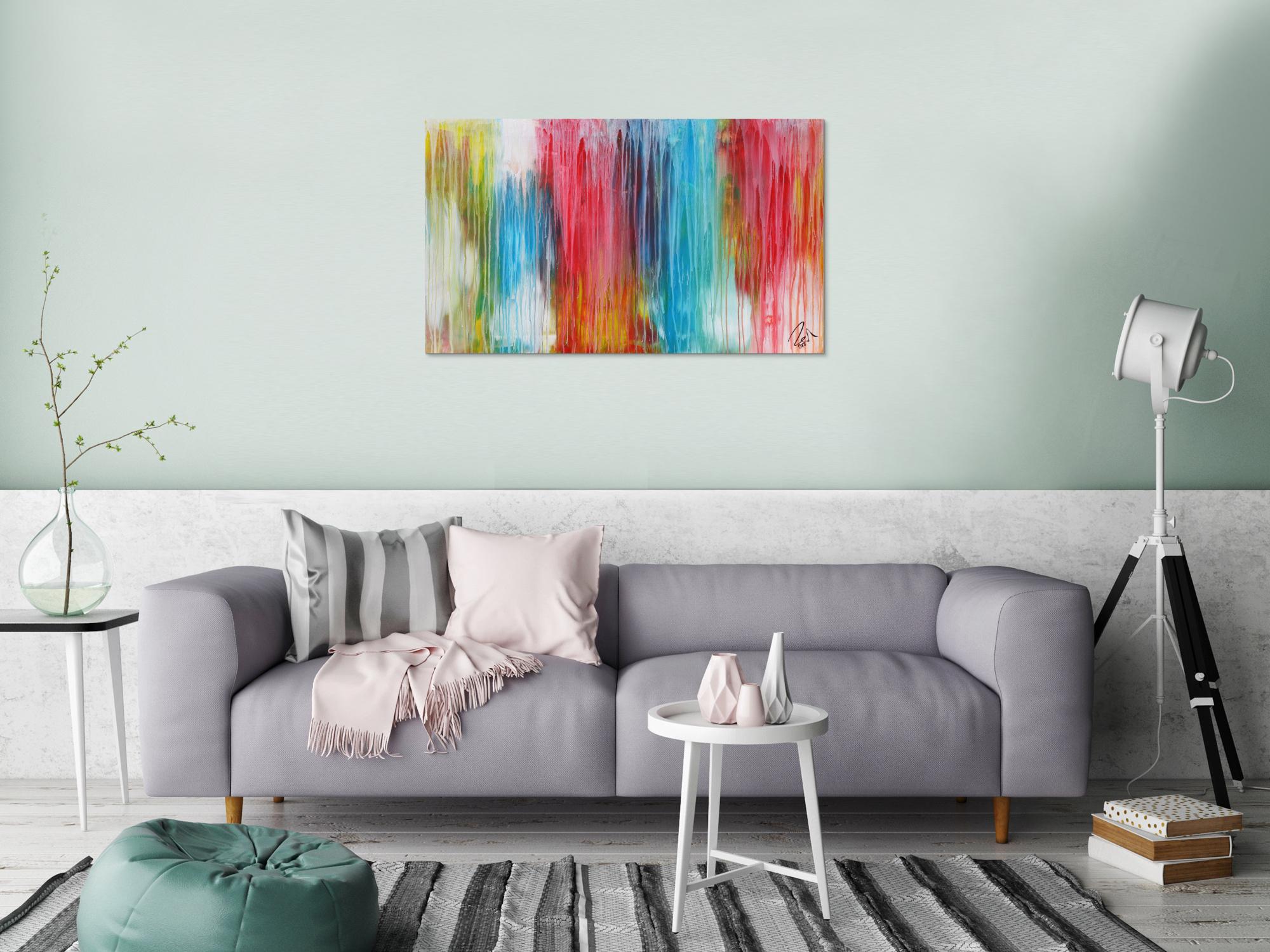 Abstraktes Acrylbild sehr bunt moderne Farben Fließende Farben Mischtechnik modern bunt zeitgenössisch