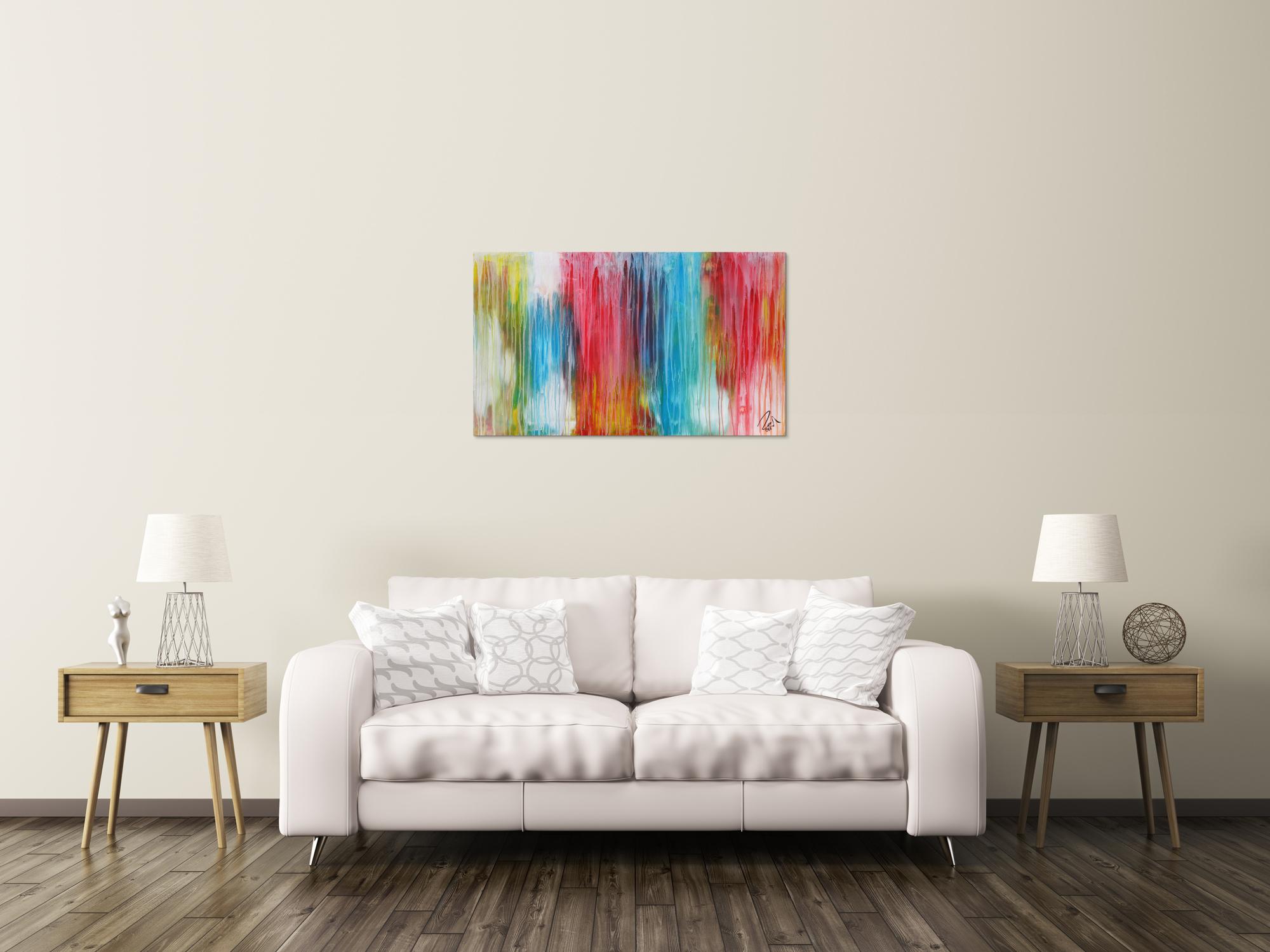 Abstraktes Acrylbild sehr bunt moderne Farben Fließende Farben Mischtechnik modern bunt zeitgenössisch