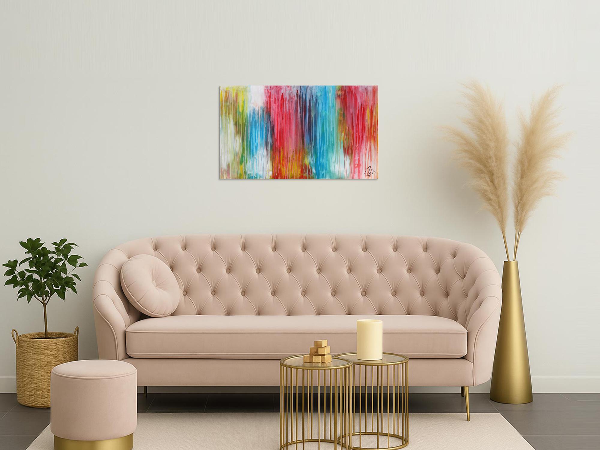 Abstraktes Acrylbild sehr bunt moderne Farben Fließende Farben Mischtechnik modern bunt zeitgenössisch