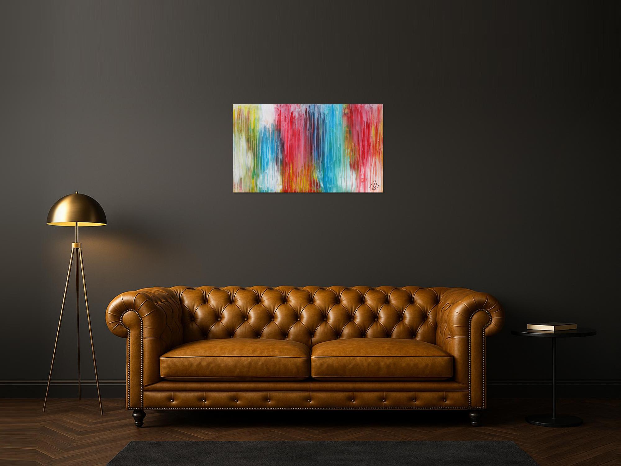 Abstraktes Acrylbild sehr bunt moderne Farben Fließende Farben Mischtechnik modern bunt zeitgenössisch