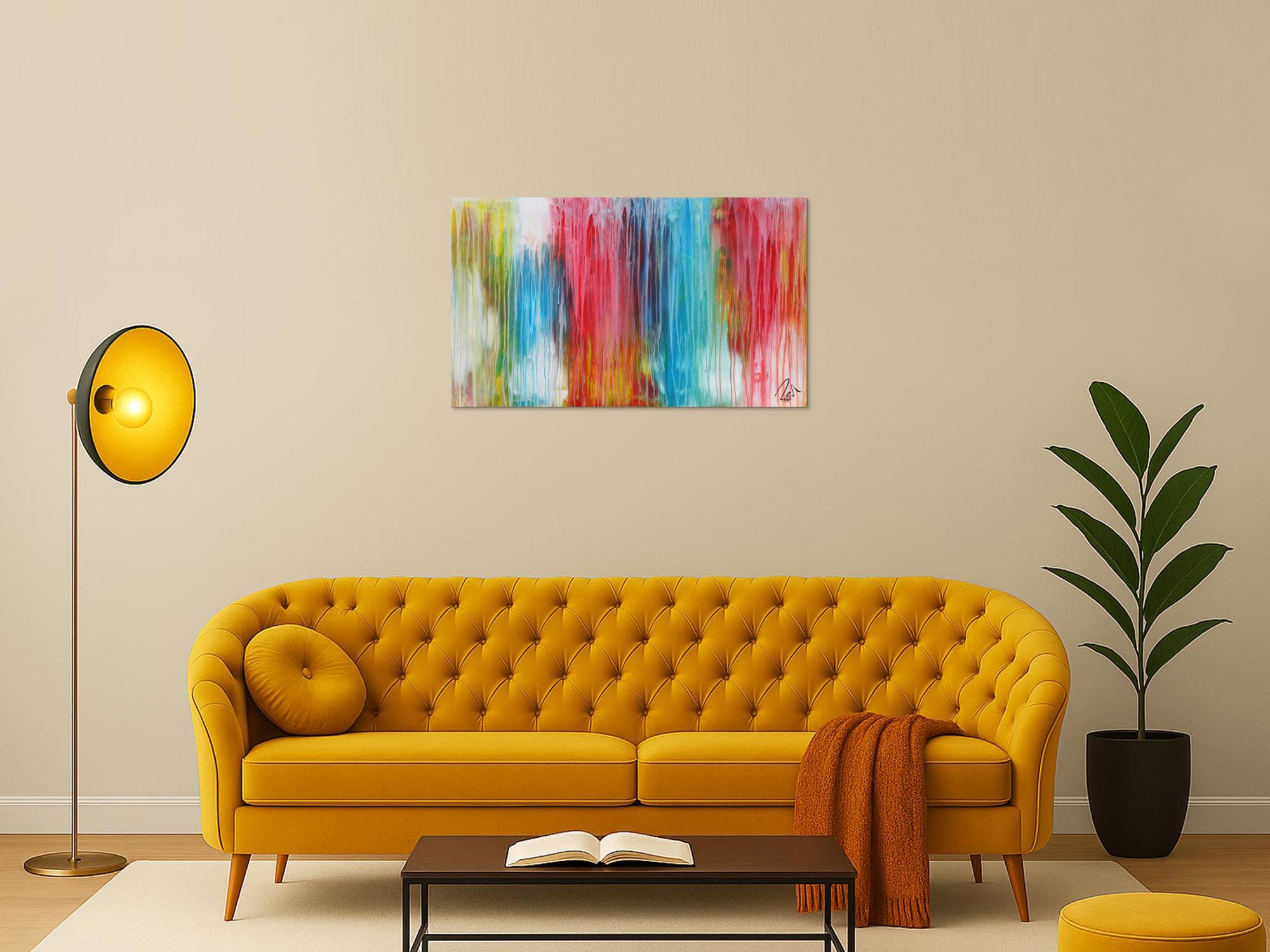 Abstraktes Acrylbild sehr bunt moderne Farben Fließende Farben Mischtechnik modern bunt zeitgenössisch