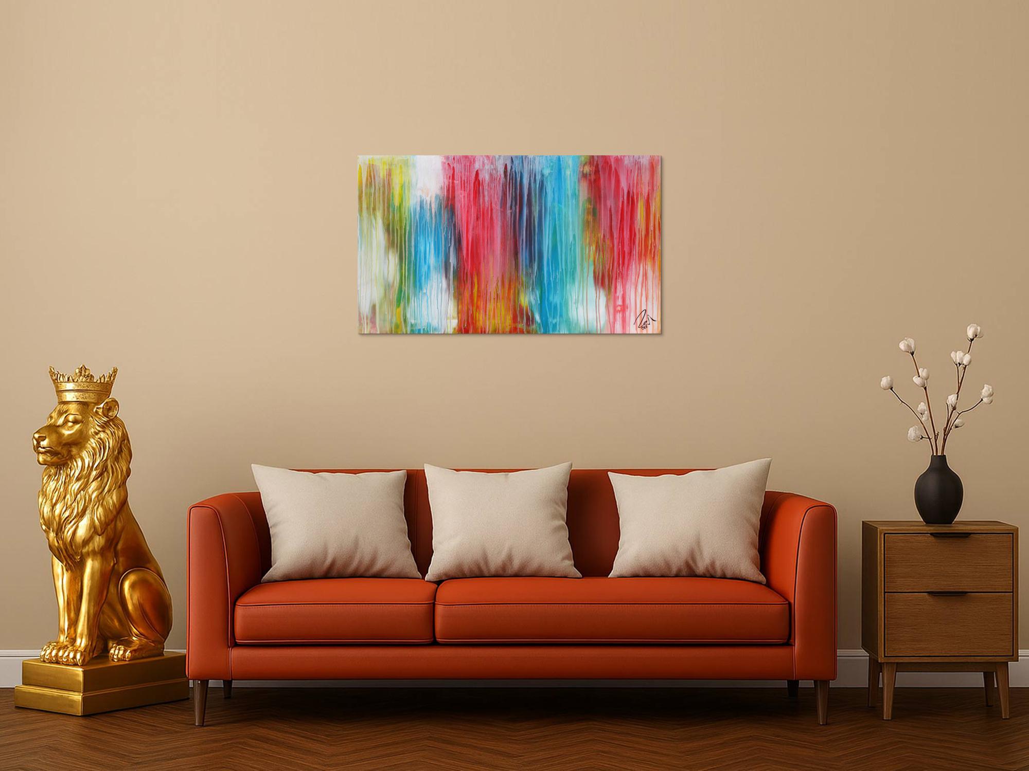 Abstraktes Acrylbild sehr bunt moderne Farben Fließende Farben Mischtechnik modern bunt zeitgenössisch