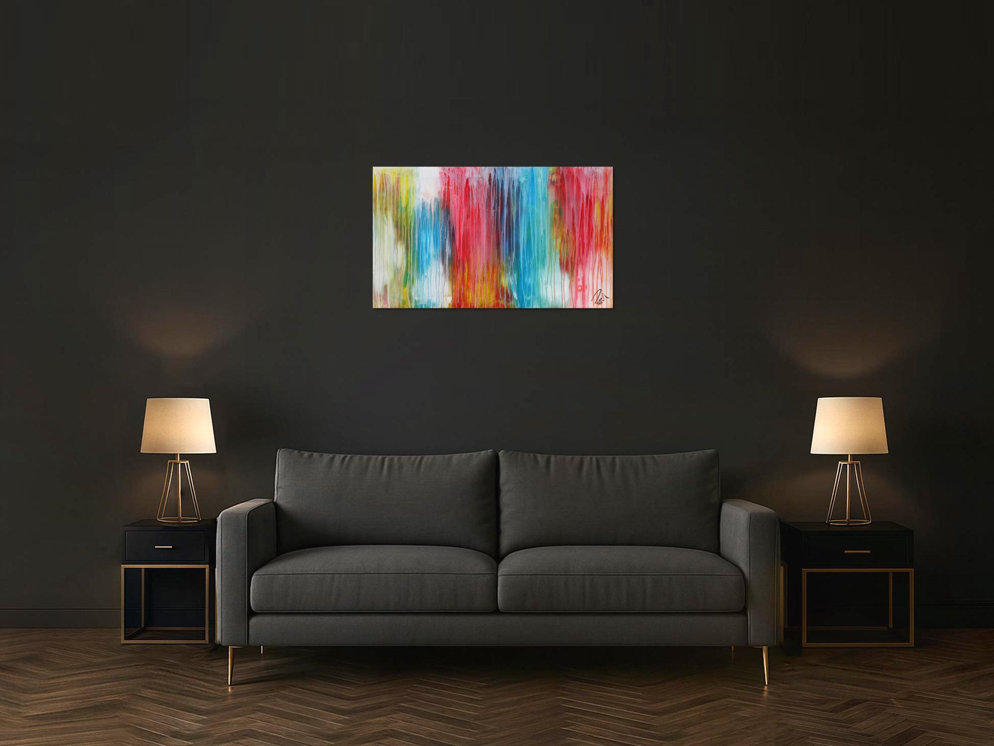 Abstraktes Acrylbild sehr bunt moderne Farben Fließende Farben Mischtechnik modern bunt zeitgenössisch