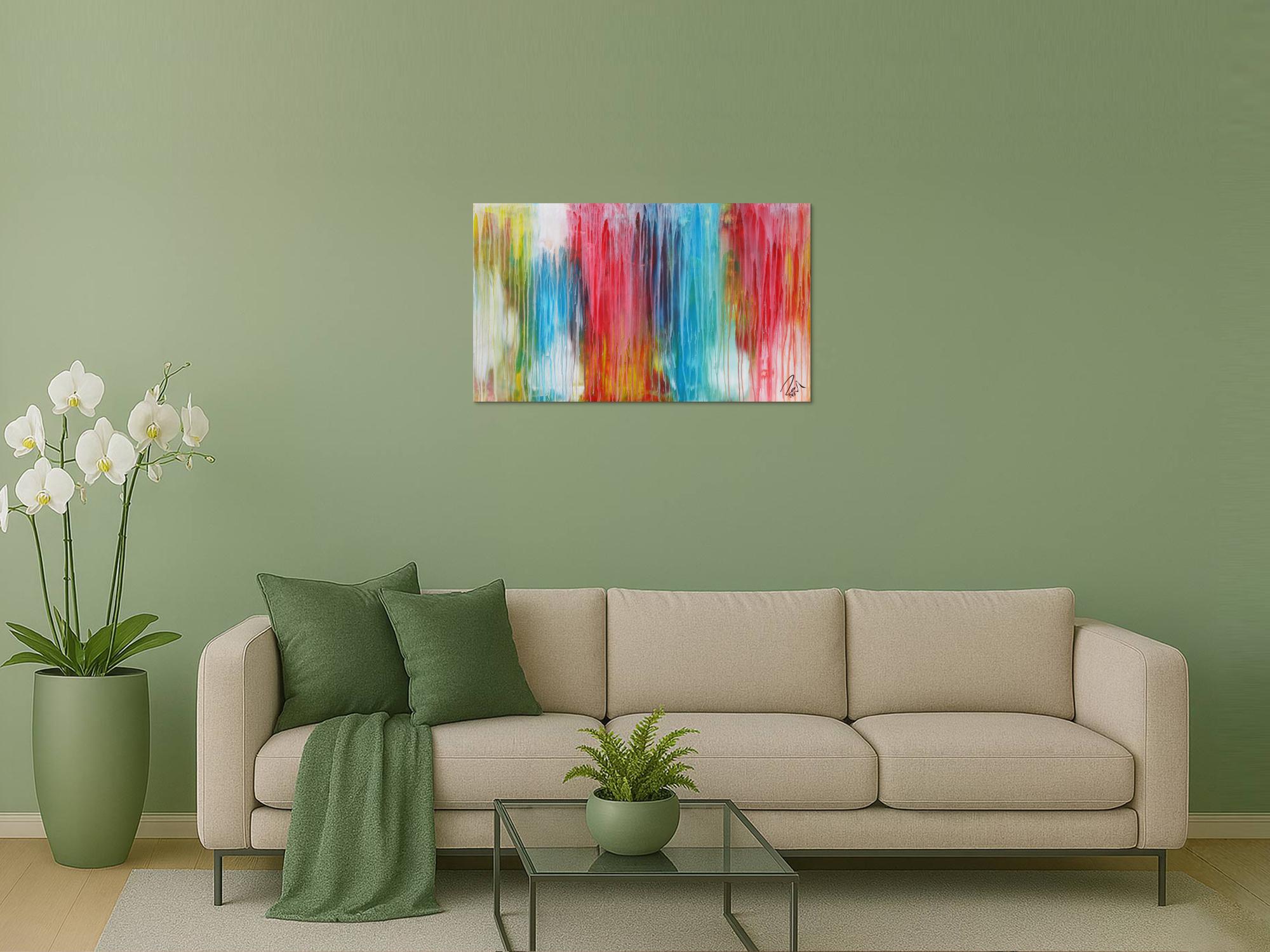 Abstraktes Acrylbild sehr bunt moderne Farben Fließende Farben Mischtechnik modern bunt zeitgenössisch