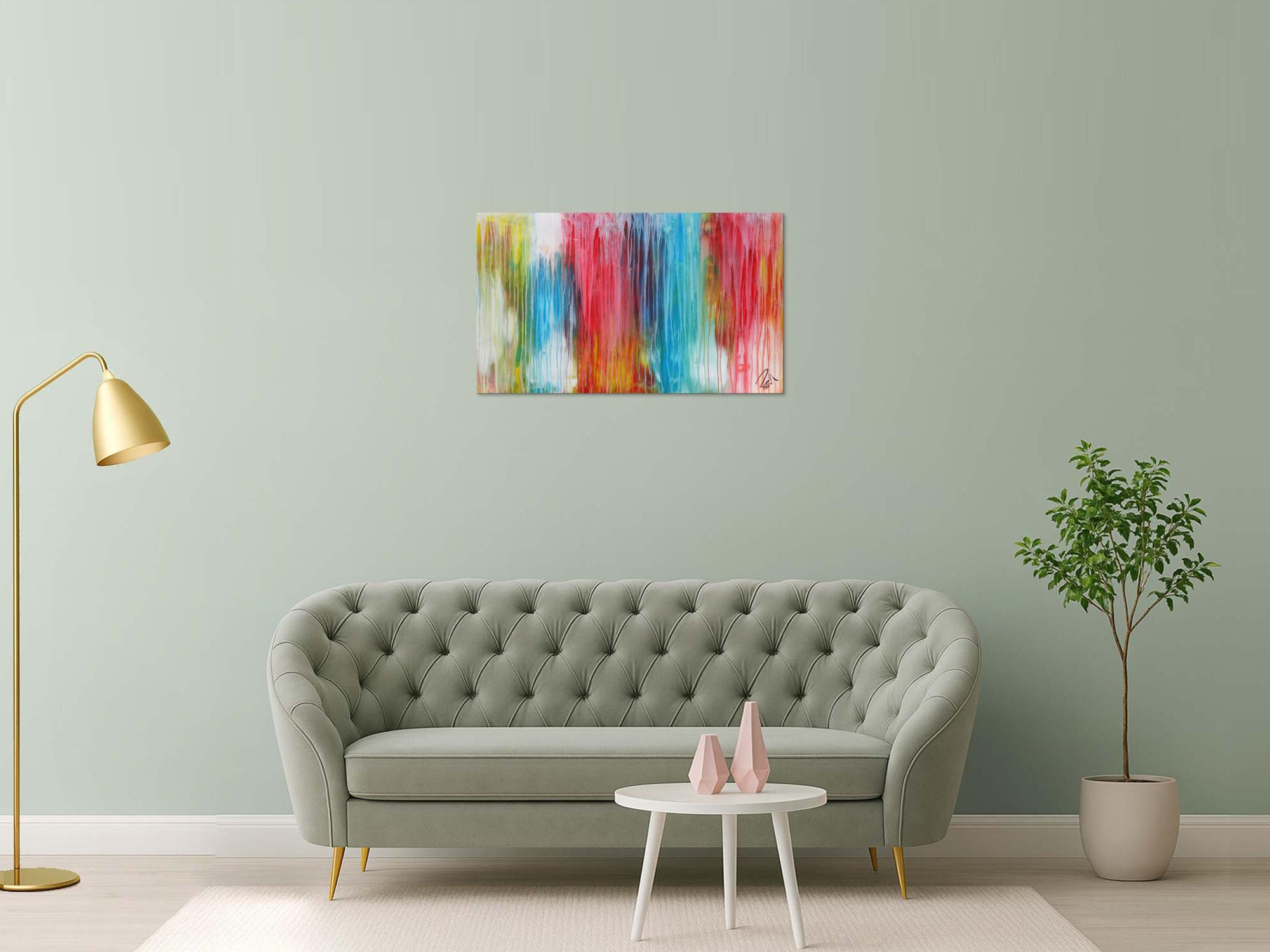 Abstraktes Acrylbild sehr bunt moderne Farben Fließende Farben Mischtechnik modern bunt zeitgenössisch