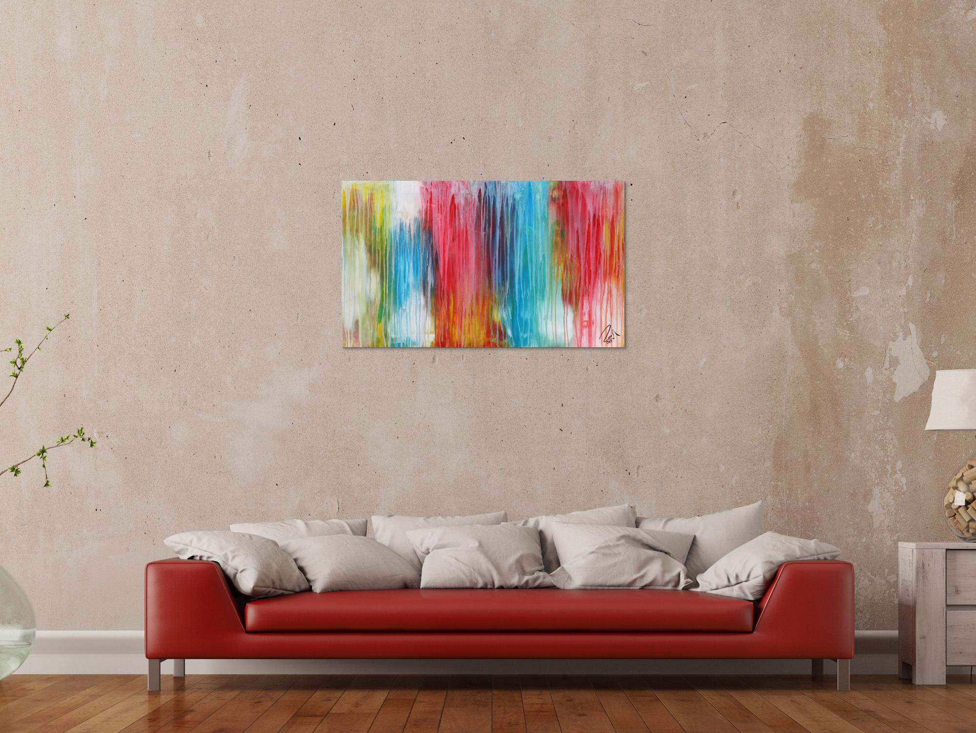 Abstraktes Acrylbild sehr bunt moderne Farben Fließende Farben Mischtechnik modern bunt zeitgenössisch