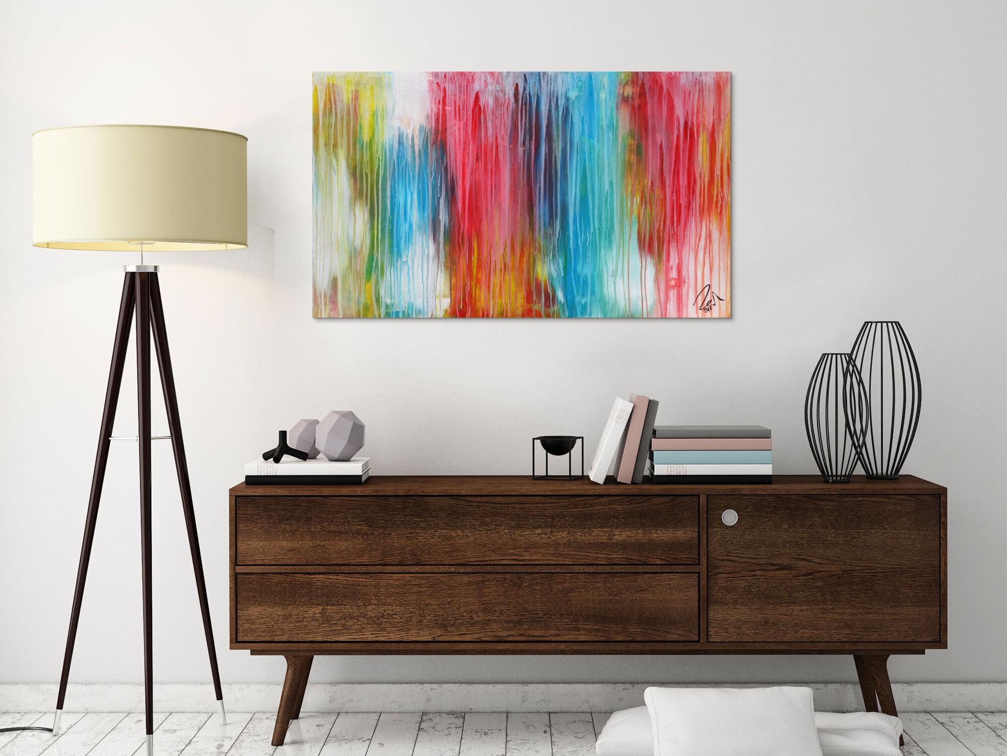 Abstraktes Acrylbild sehr bunt moderne Farben Fließende Farben Mischtechnik modern bunt zeitgenössisch