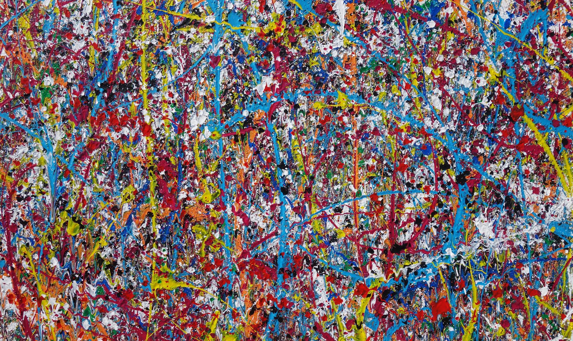 Abstraktes Acrylbild Action Painting zeitgenössisch expressionistisch Mischtechnik Splash Art sehr modern bunt viele Farben