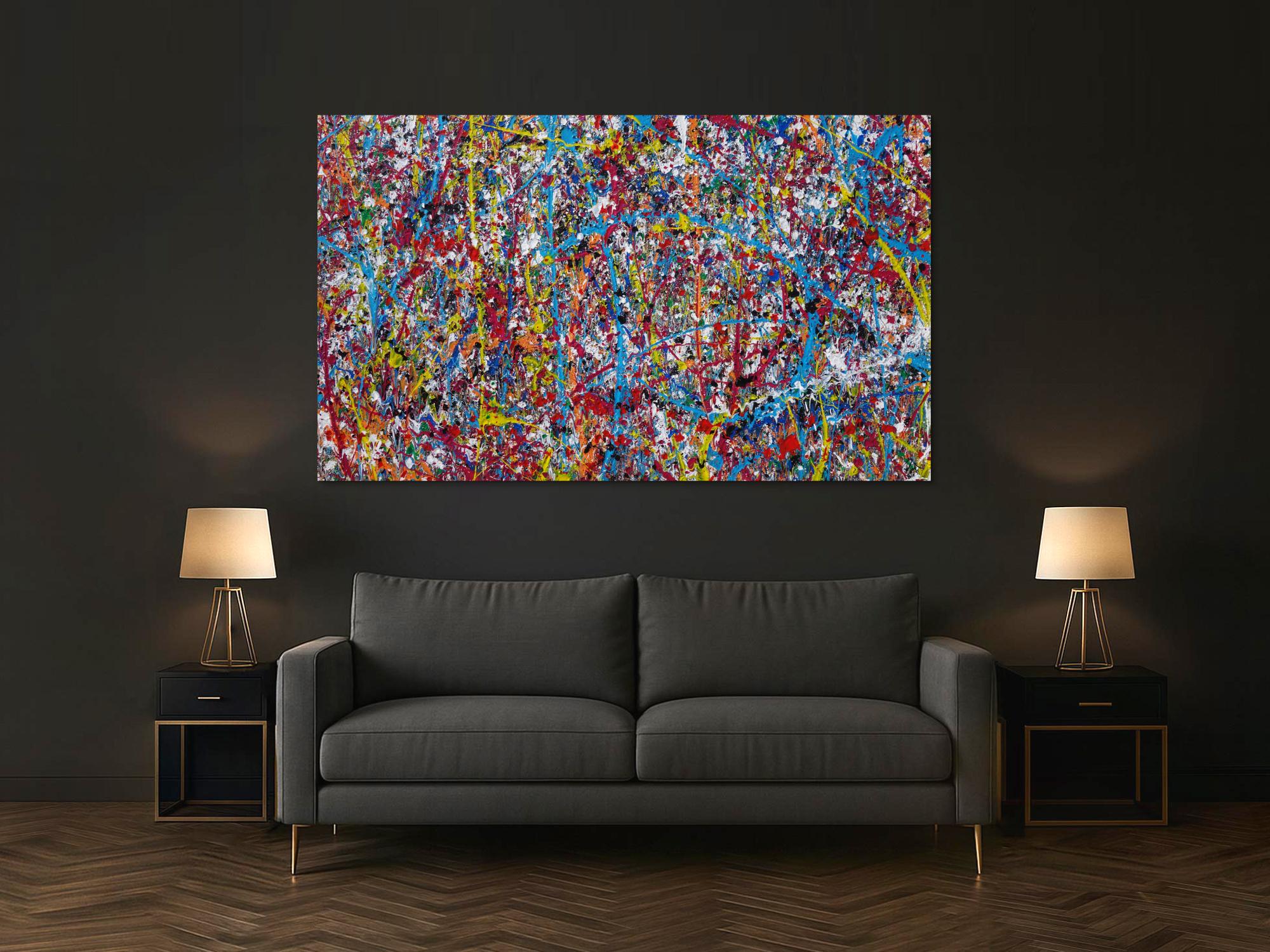 Abstraktes Acrylbild Action Painting zeitgenössisch expressionistisch Mischtechnik Splash Art sehr modern bunt viele Farben