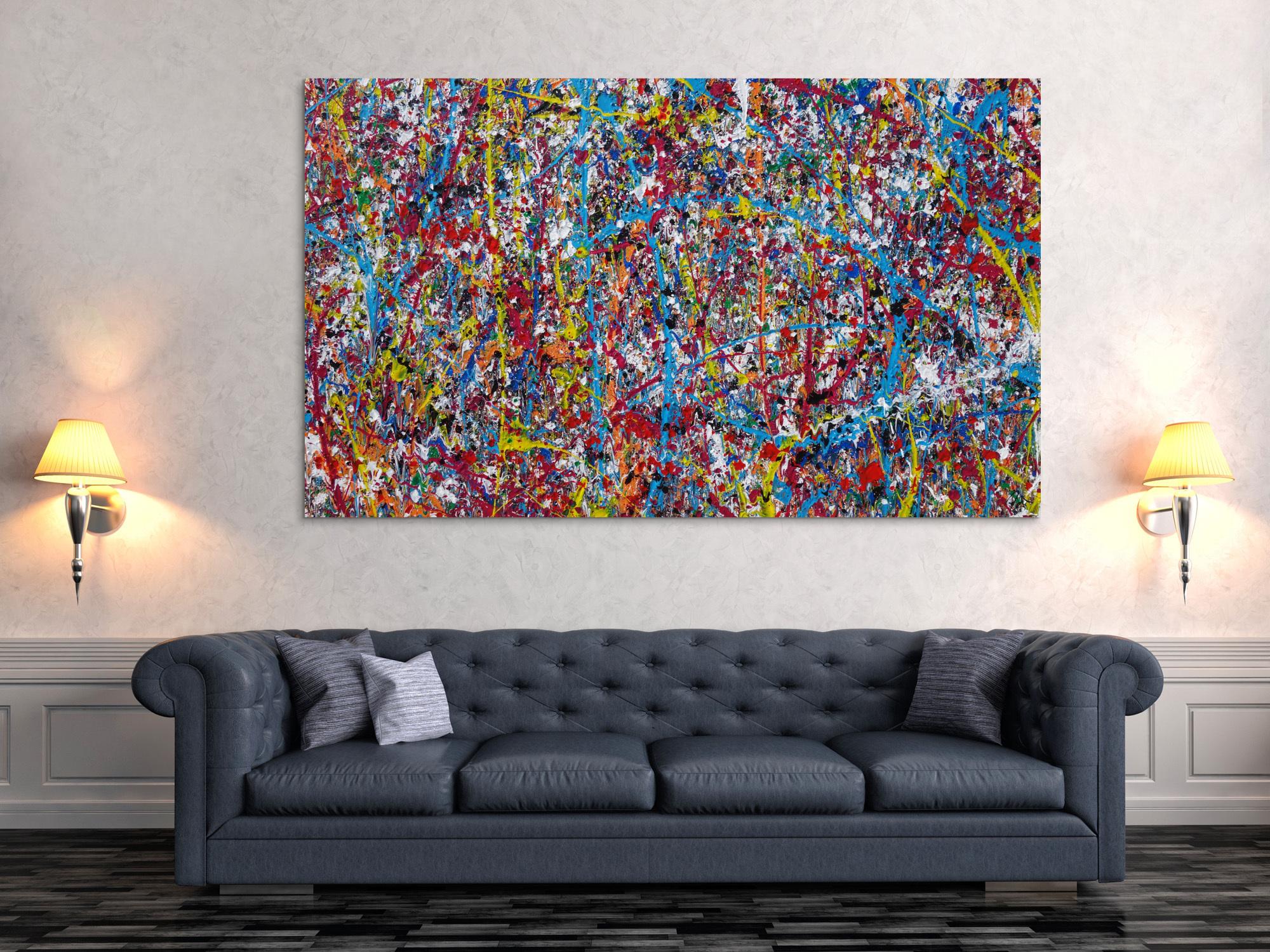 Abstraktes Acrylbild Action Painting zeitgenössisch expressionistisch Mischtechnik Splash Art sehr modern bunt viele Farben