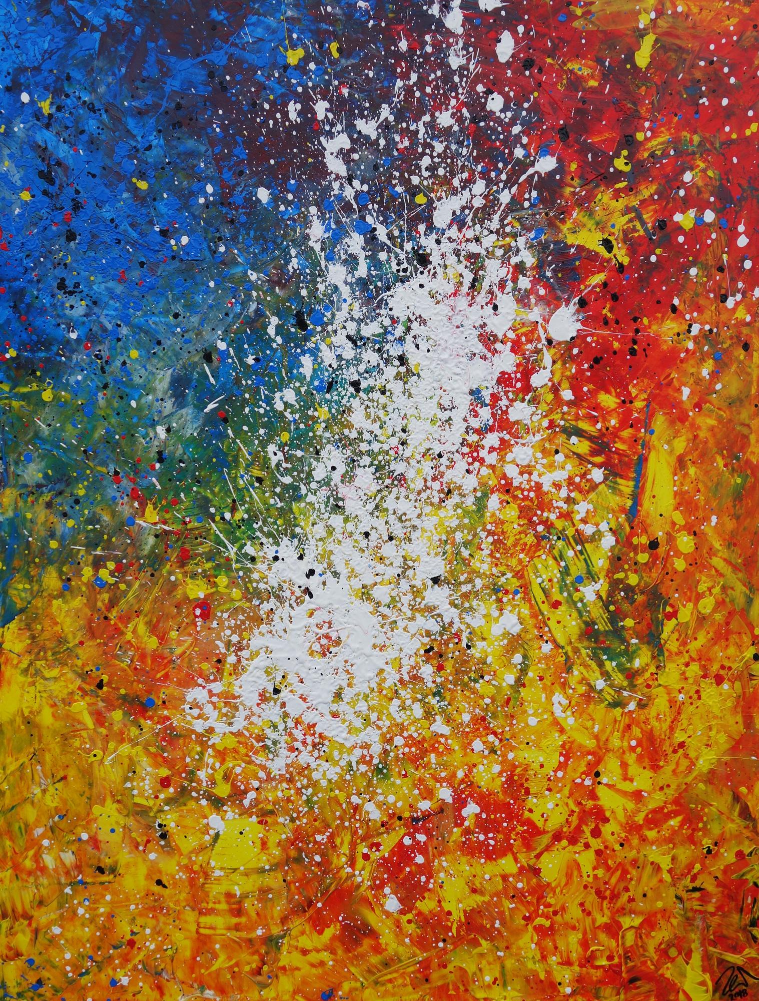 Abstraktes Acrylbild sehr bunt gelb rot blau weiß Splash Art Mischtechnik Spachteltechnik Modern Art