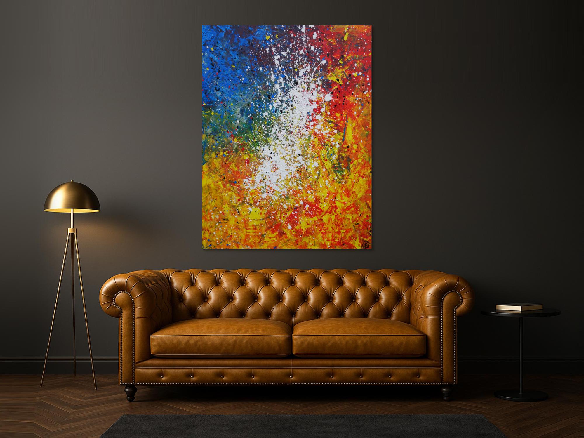 Abstraktes Acrylbild sehr bunt gelb rot blau weiß Splash Art Mischtechnik Spachteltechnik Modern Art