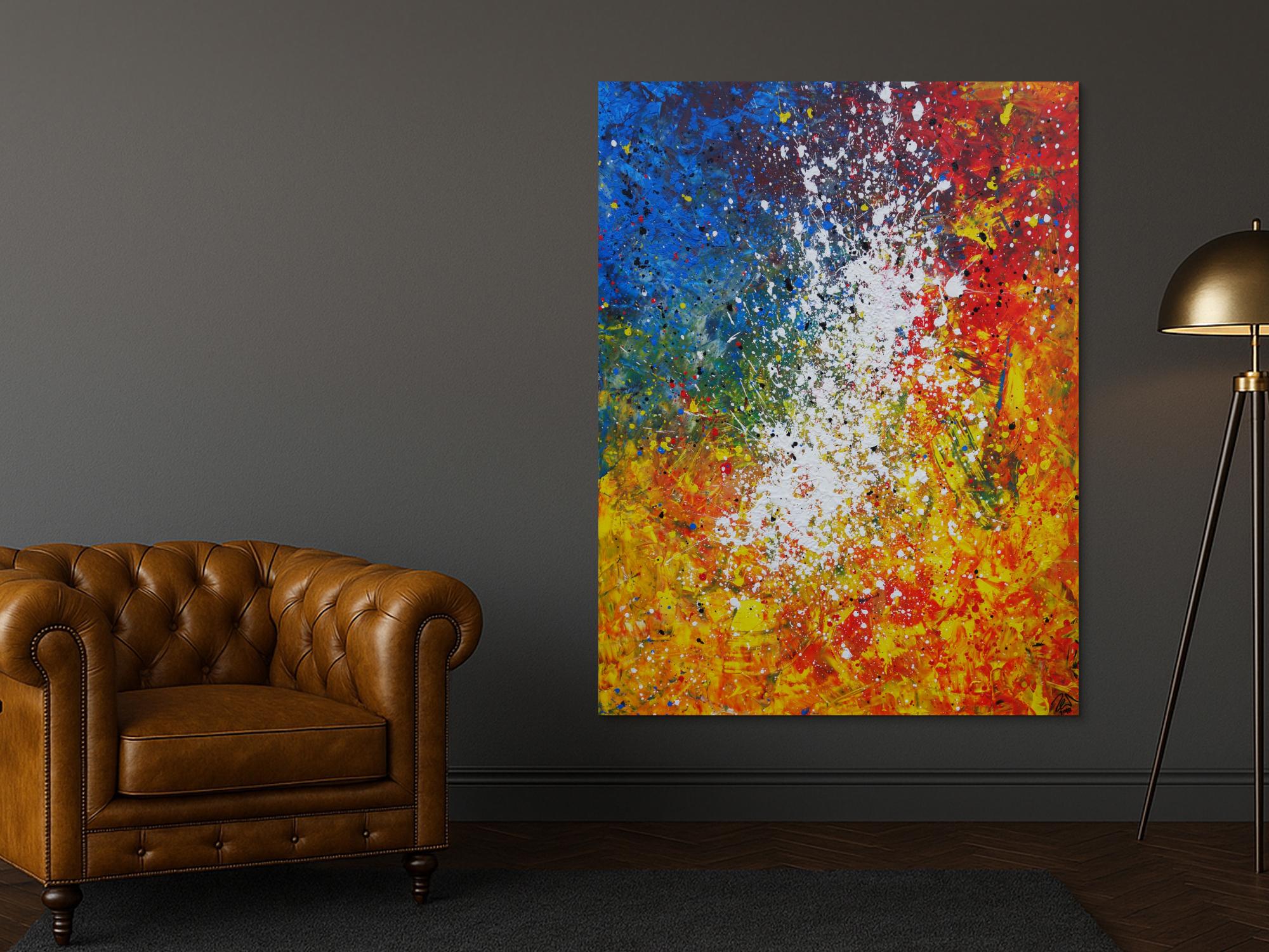 Abstraktes Acrylbild sehr bunt gelb rot blau weiß Splash Art Mischtechnik Spachteltechnik Modern Art