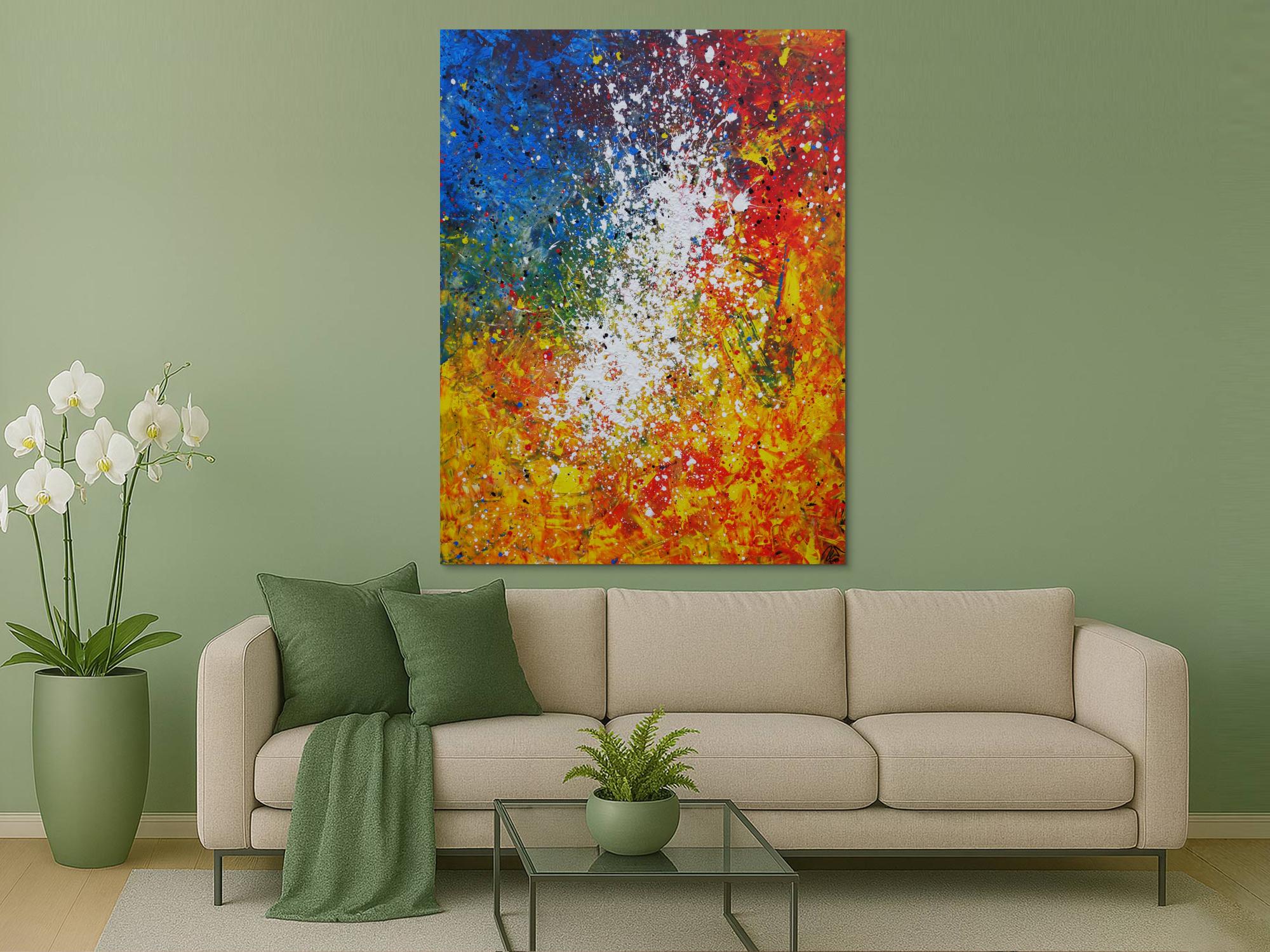 Abstraktes Acrylbild sehr bunt gelb rot blau weiß Splash Art Mischtechnik Spachteltechnik Modern Art