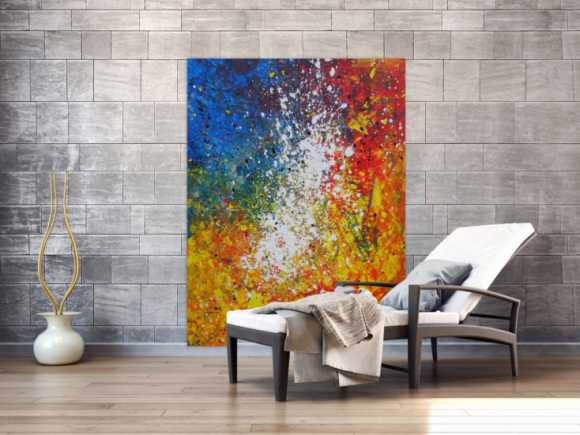 Abstraktes Acrylbild sehr bunt gelb rot blau weiß Splash Art Mischtechnik Spachteltechnik Modern Art