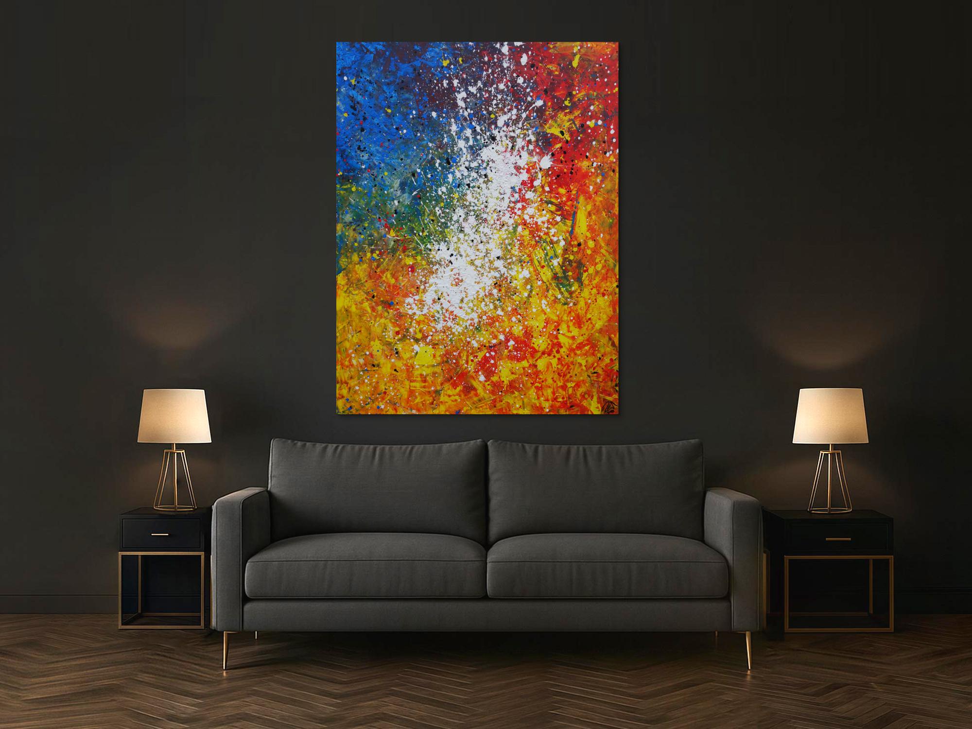 Abstraktes Acrylbild sehr bunt gelb rot blau weiß Splash Art Mischtechnik Spachteltechnik Modern Art