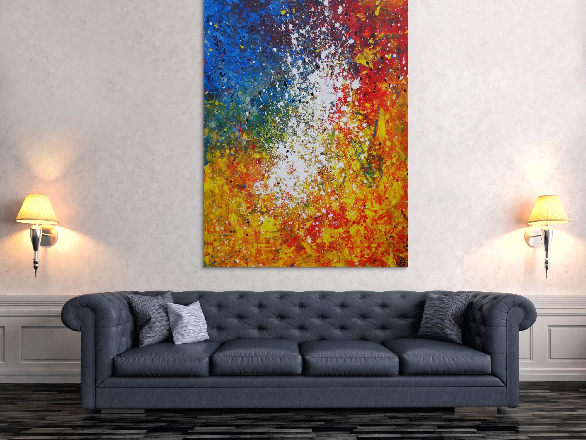 Abstraktes Acrylbild sehr bunt gelb rot blau weiß Splash Art Mischtechnik Spachteltechnik Modern Art