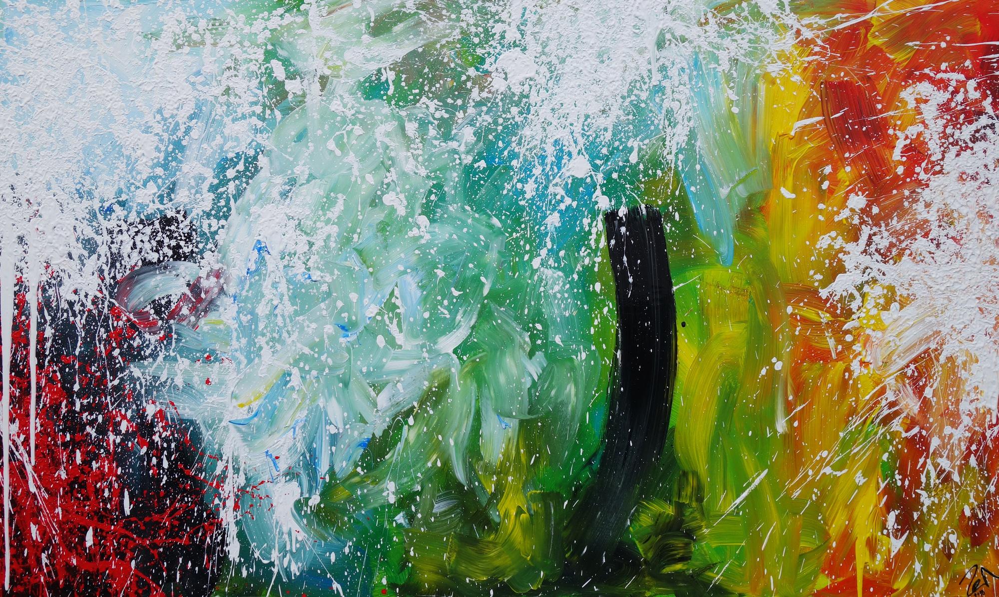 Abstraktes Acrylbild Action Painting Splash Art sehr bunt modern zeitgenössisch handgemalt