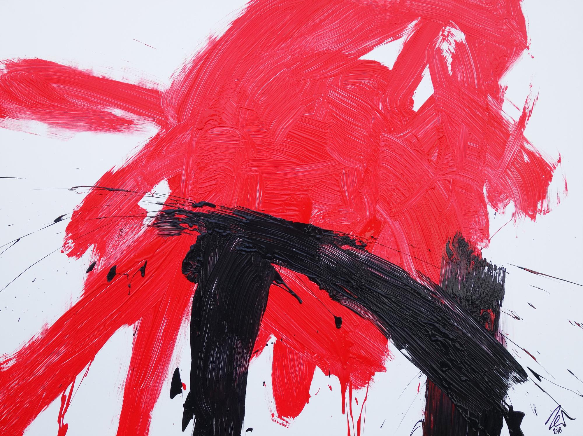 Abstraktes Acrylbild sehr modern in weiß rot schwarz zeitgenössisch Action Painting