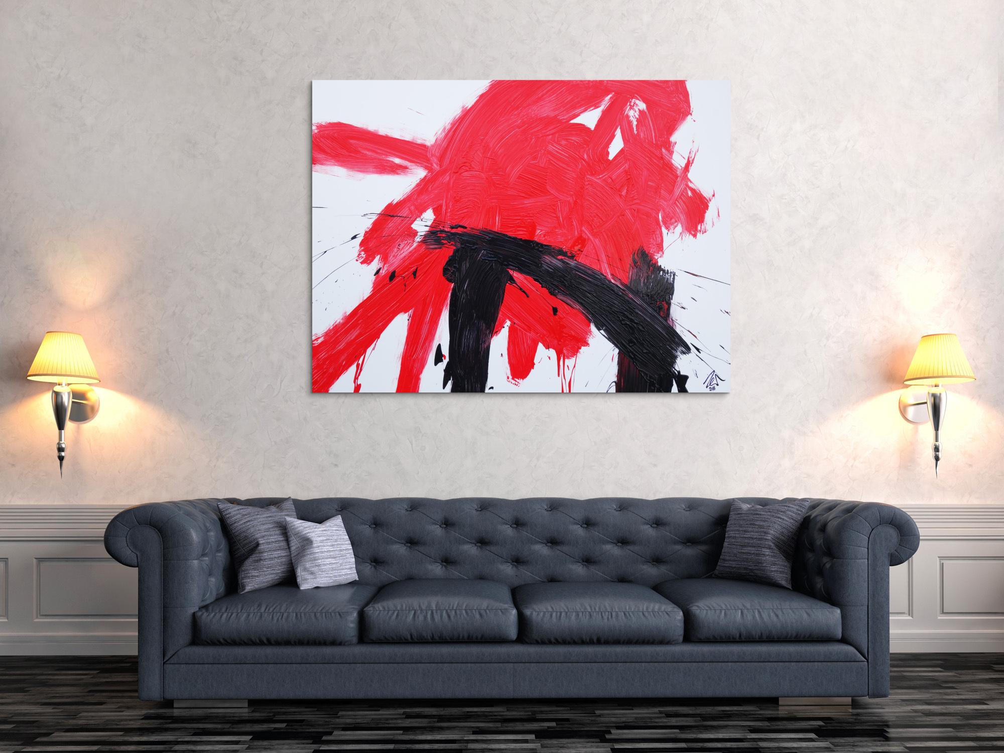 Abstraktes Acrylbild sehr modern in weiß rot schwarz zeitgenössisch Action Painting
