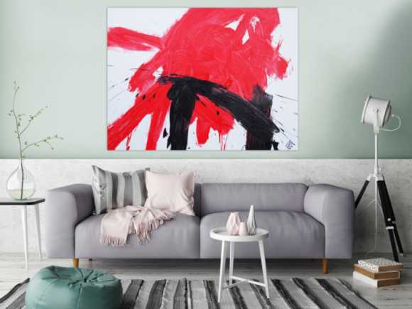 Abstraktes Acrylbild sehr modern in weiß rot schwarz zeitgenössisch Action Painting