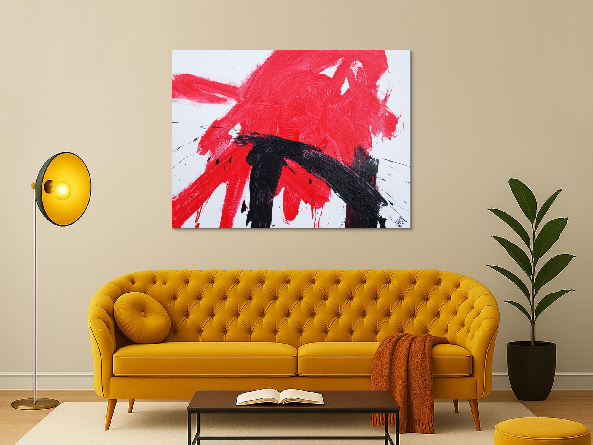 Abstraktes Acrylbild sehr modern in weiß rot schwarz zeitgenössisch Action Painting