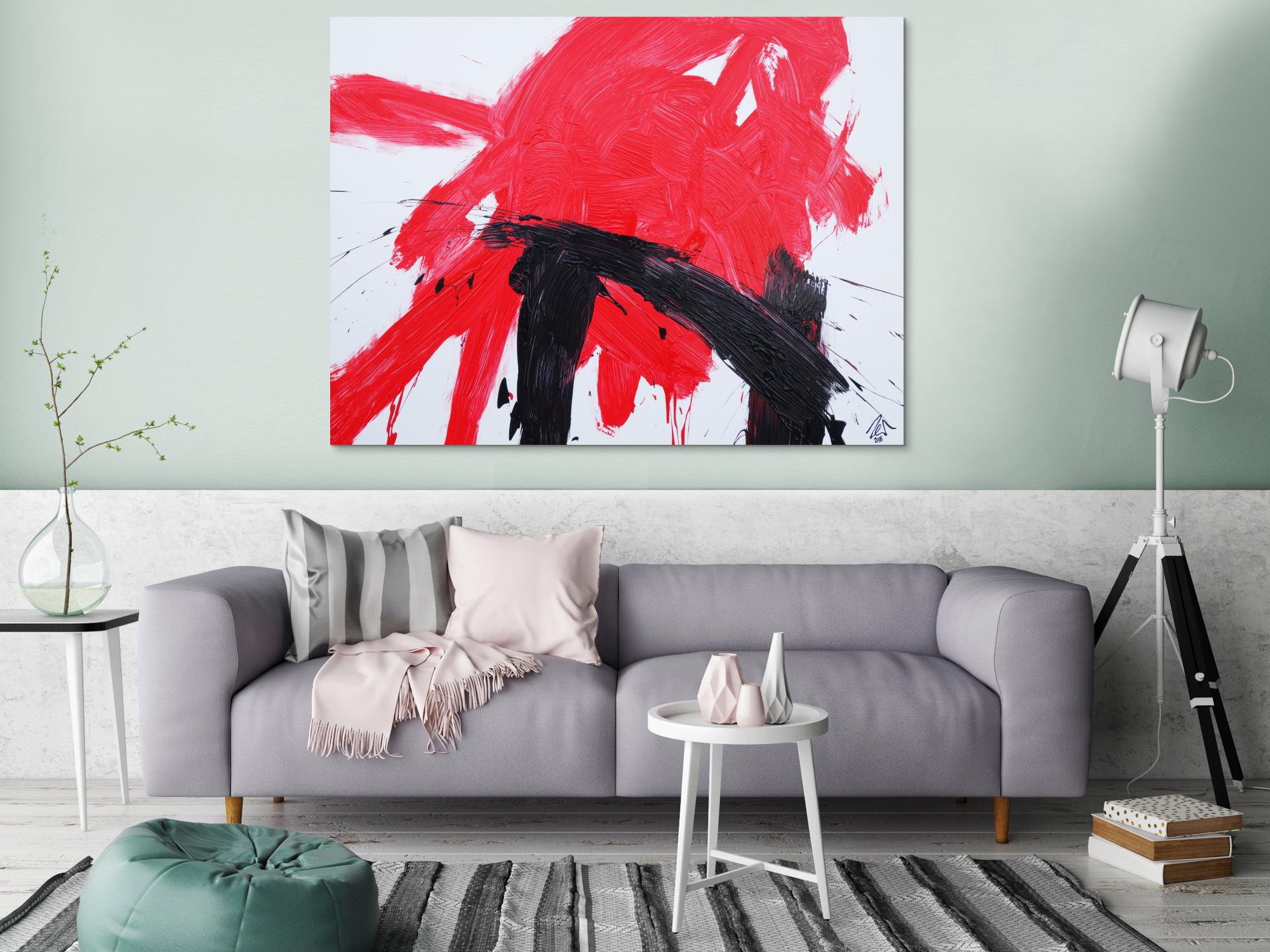 Abstraktes Acrylbild sehr modern in weiß rot schwarz zeitgenössisch Action Painting