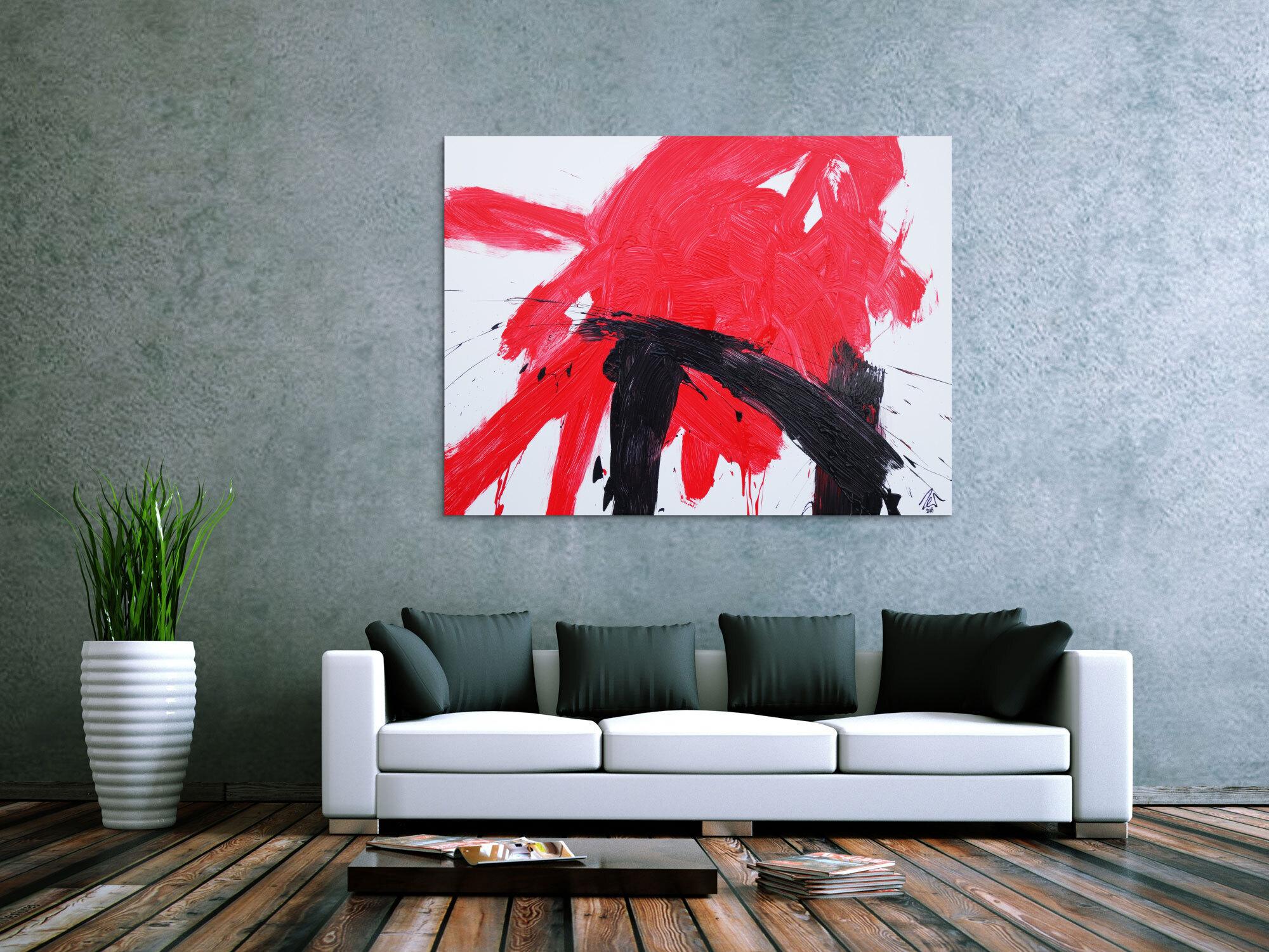 Abstraktes Acrylbild sehr modern in weiß rot schwarz zeitgenössisch Action Painting