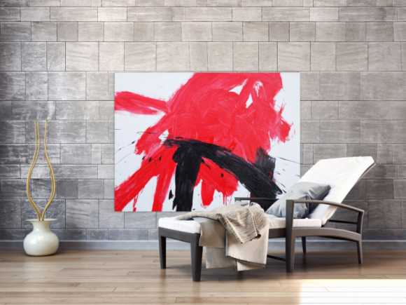 Abstraktes Acrylbild sehr modern in weiß rot schwarz zeitgenössisch Action Painting