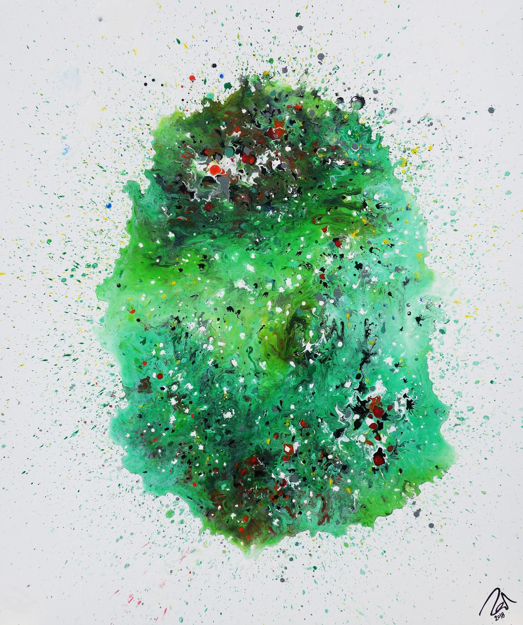 Abstraktes Acrylbild Fließtechnik viel grün sehr modern bunte Farben zeitgenössisch