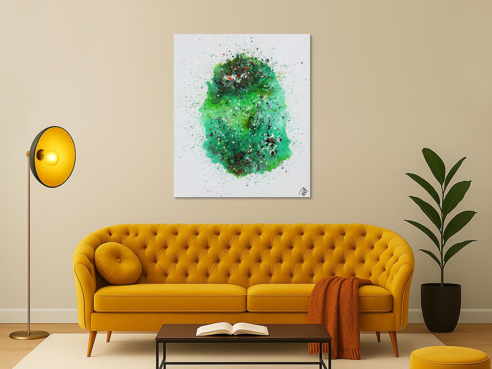 Abstraktes Acrylbild Fließtechnik viel grün sehr modern bunte Farben zeitgenössisch