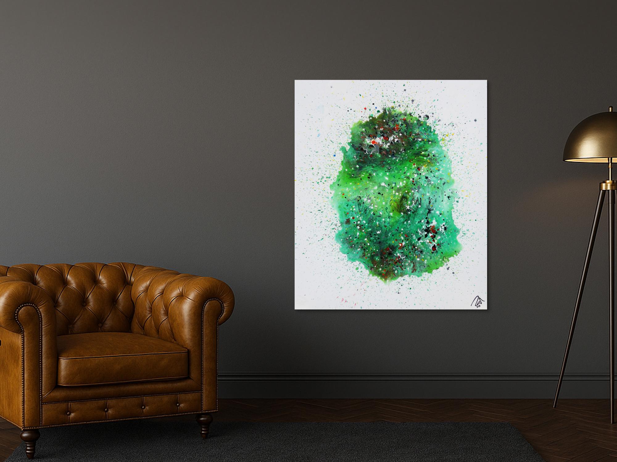 Abstraktes Acrylbild Fließtechnik viel grün sehr modern bunte Farben zeitgenössisch