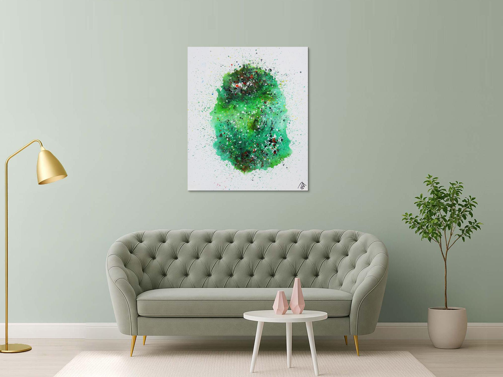 Abstraktes Acrylbild Fließtechnik viel grün sehr modern bunte Farben zeitgenössisch