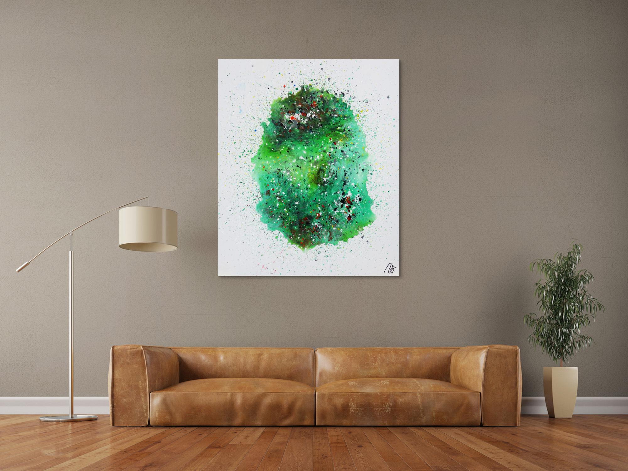 Abstraktes Acrylbild Fließtechnik viel grün sehr modern bunte Farben zeitgenössisch