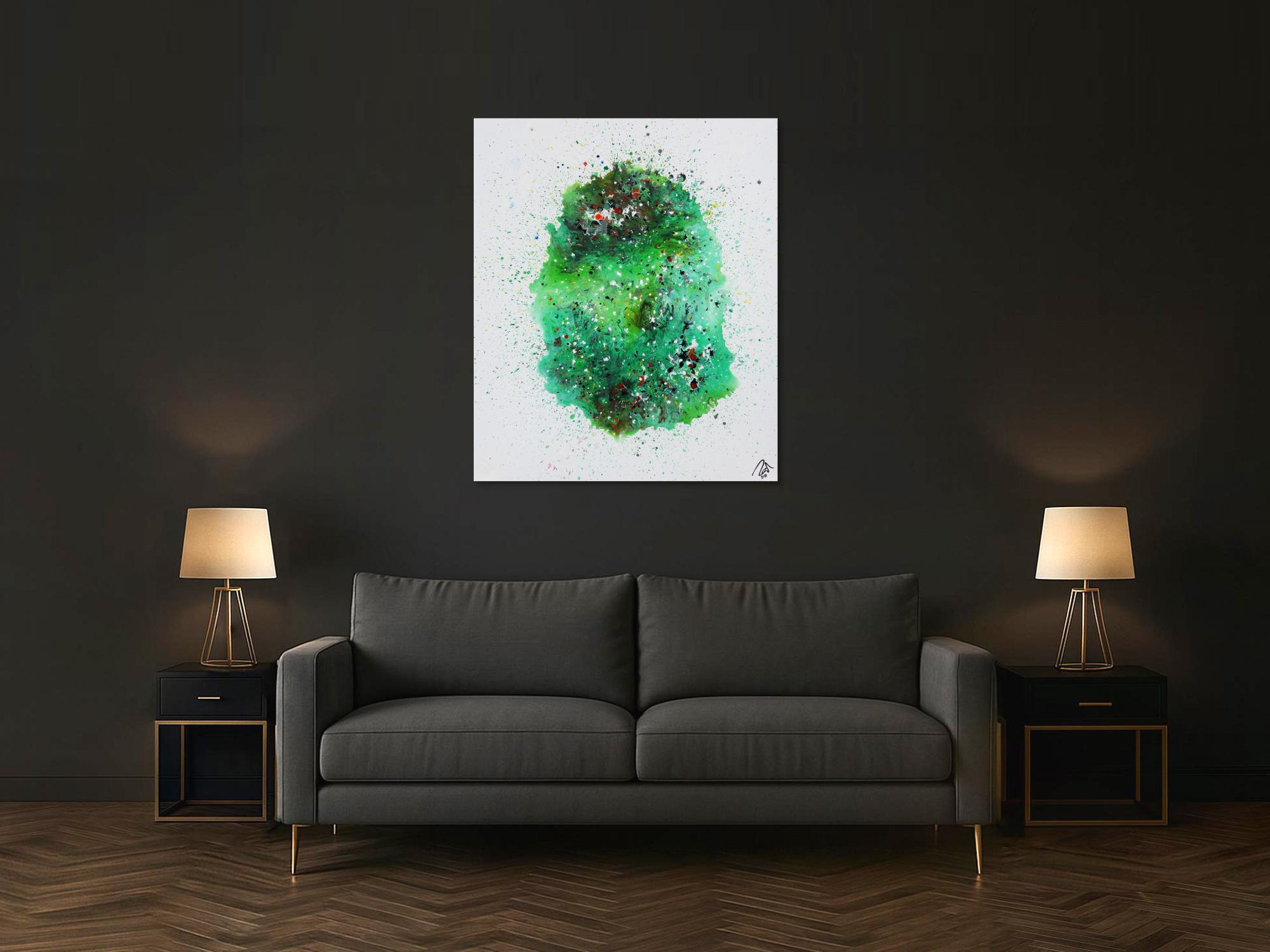 Abstraktes Acrylbild Fließtechnik viel grün sehr modern bunte Farben zeitgenössisch