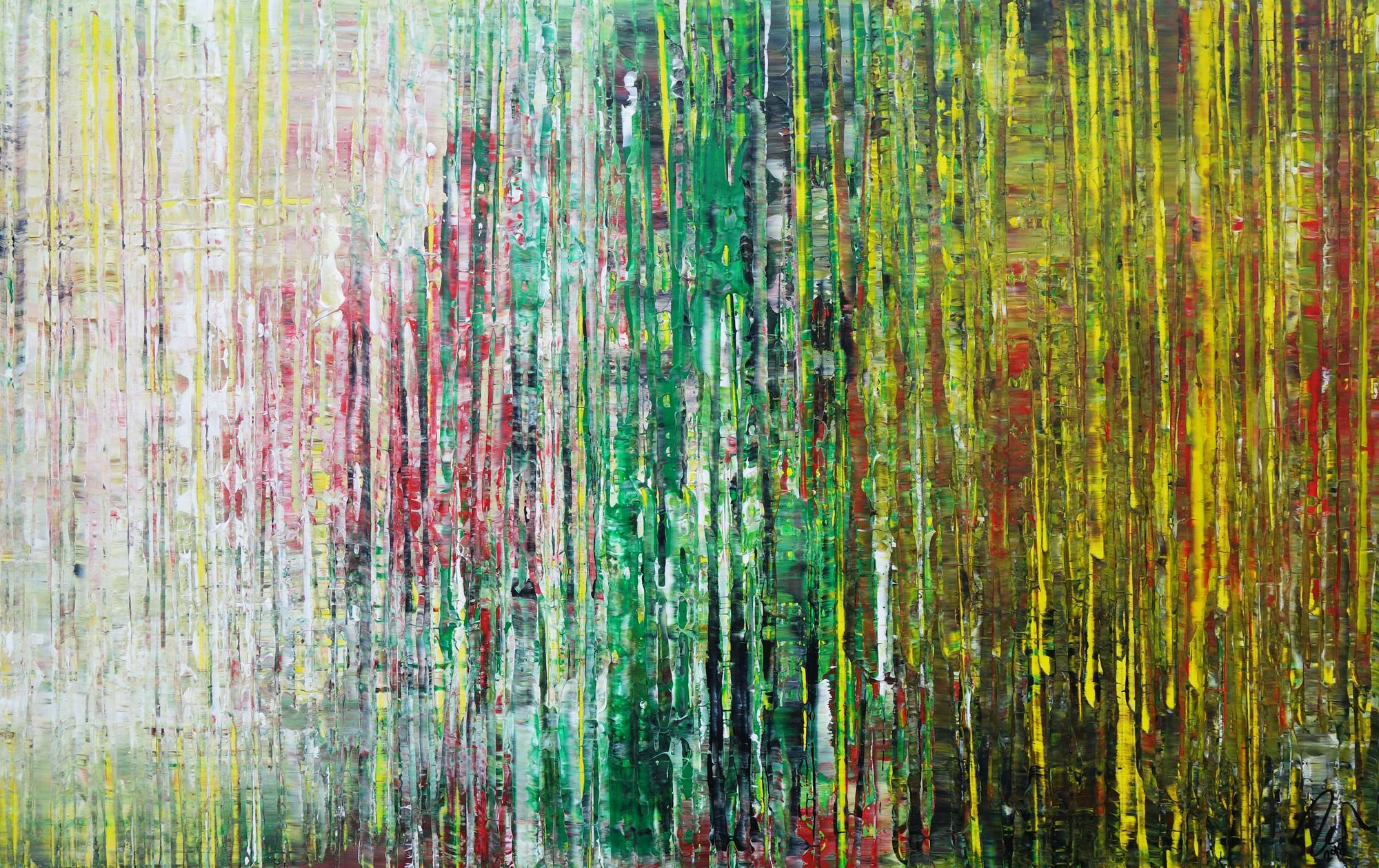 Abstraktes Acrylbild spachteltechnik sehr modern weiß grün gelb handgemalt zeitgenössisch