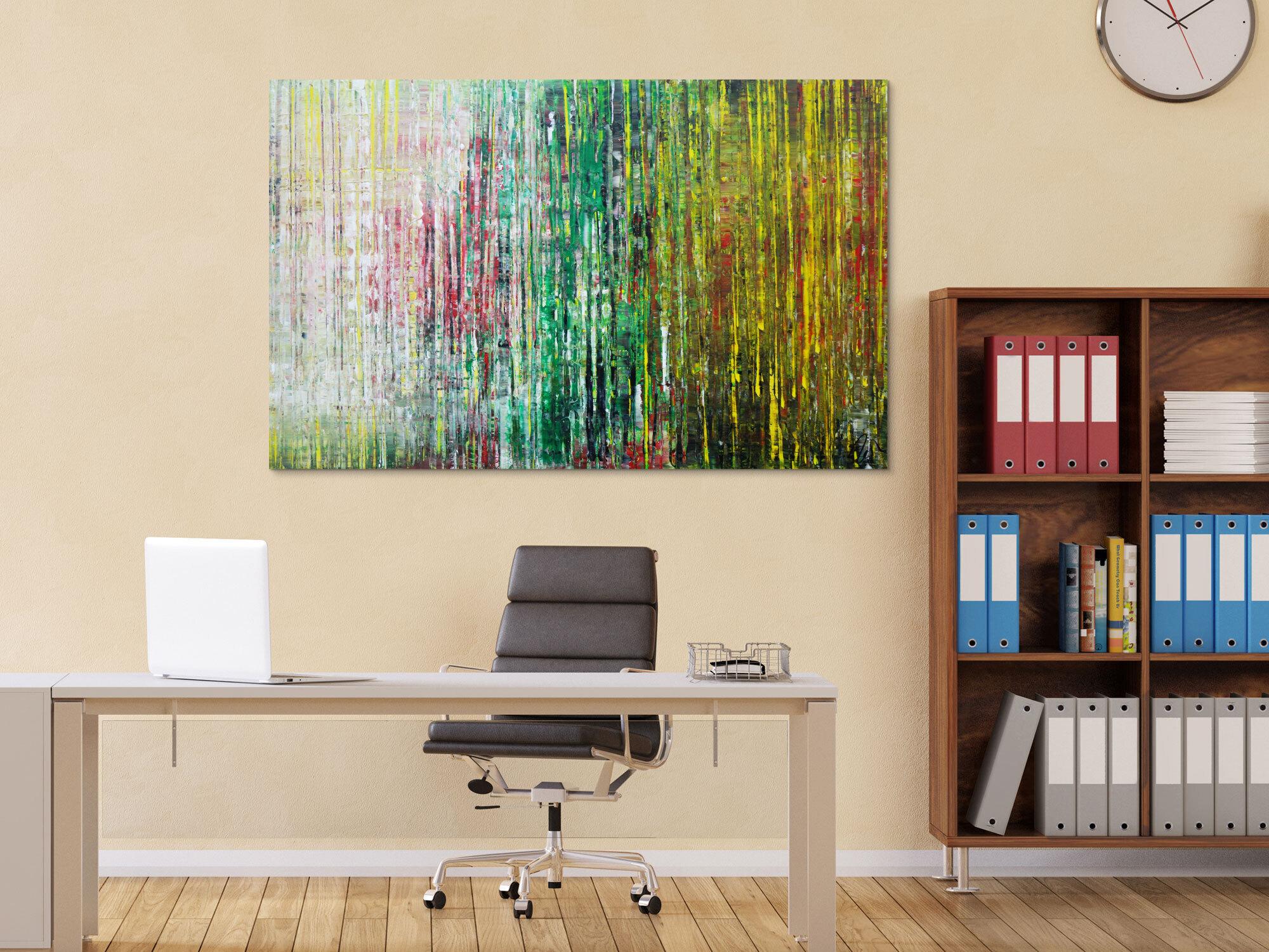 Abstraktes Acrylbild spachteltechnik sehr modern weiß grün gelb handgemalt zeitgenössisch