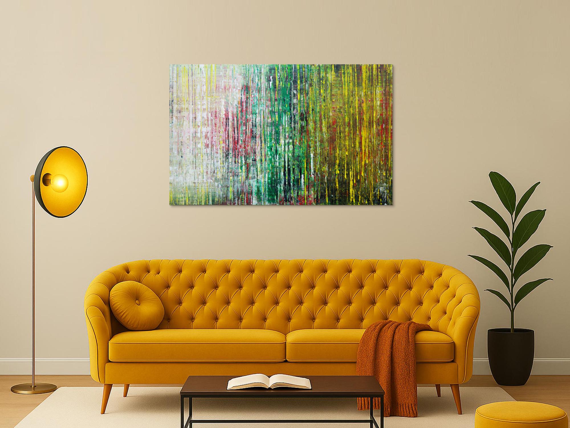 Abstraktes Acrylbild spachteltechnik sehr modern weiß grün gelb handgemalt zeitgenössisch
