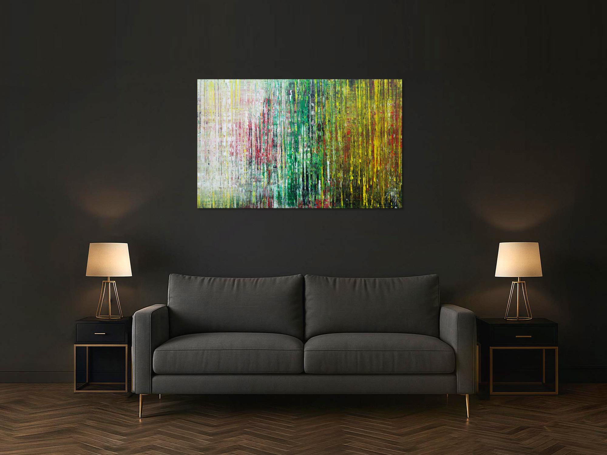 Abstraktes Acrylbild spachteltechnik sehr modern weiß grün gelb handgemalt zeitgenössisch