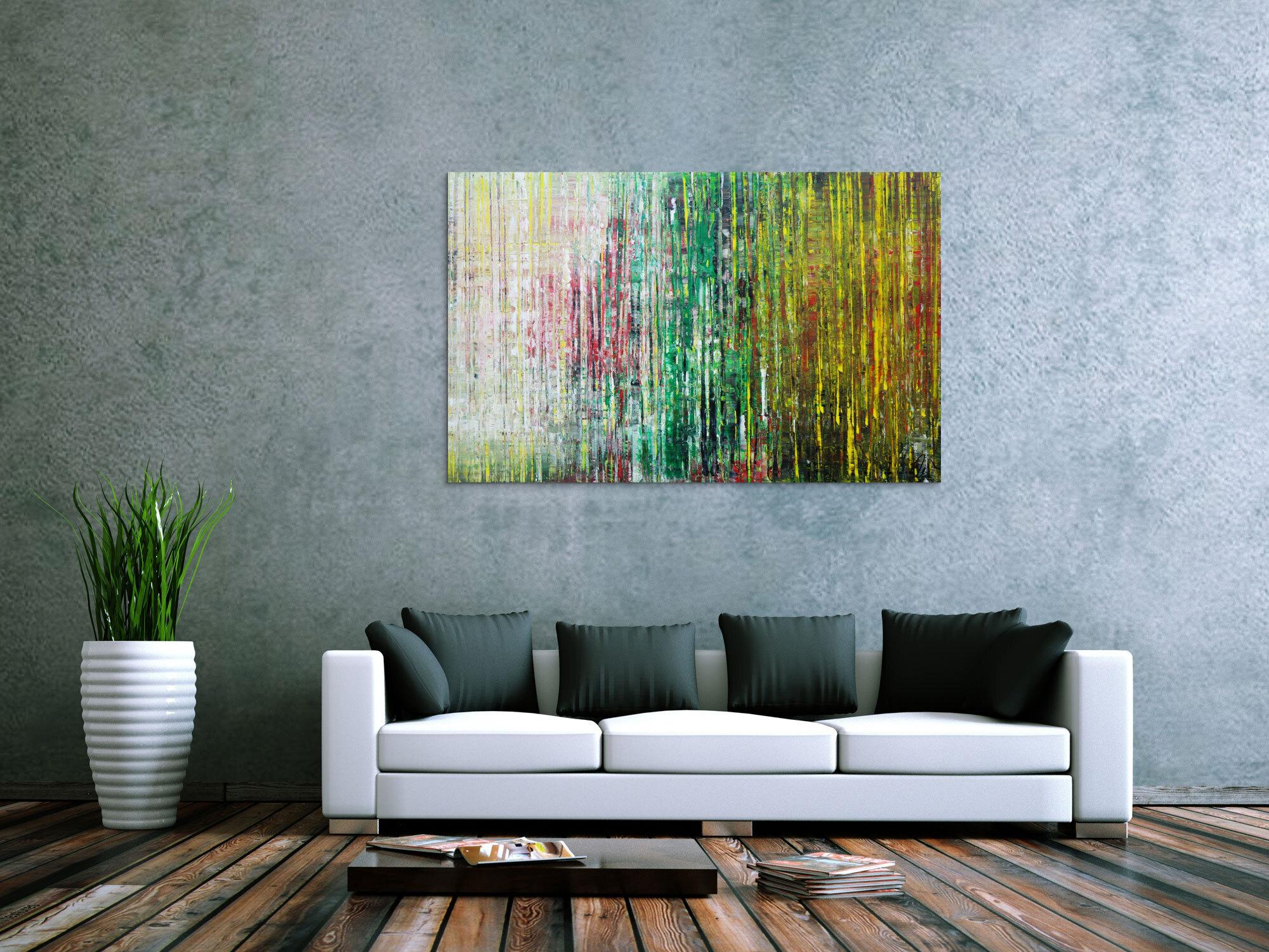 Abstraktes Acrylbild spachteltechnik sehr modern weiß grün gelb handgemalt zeitgenössisch