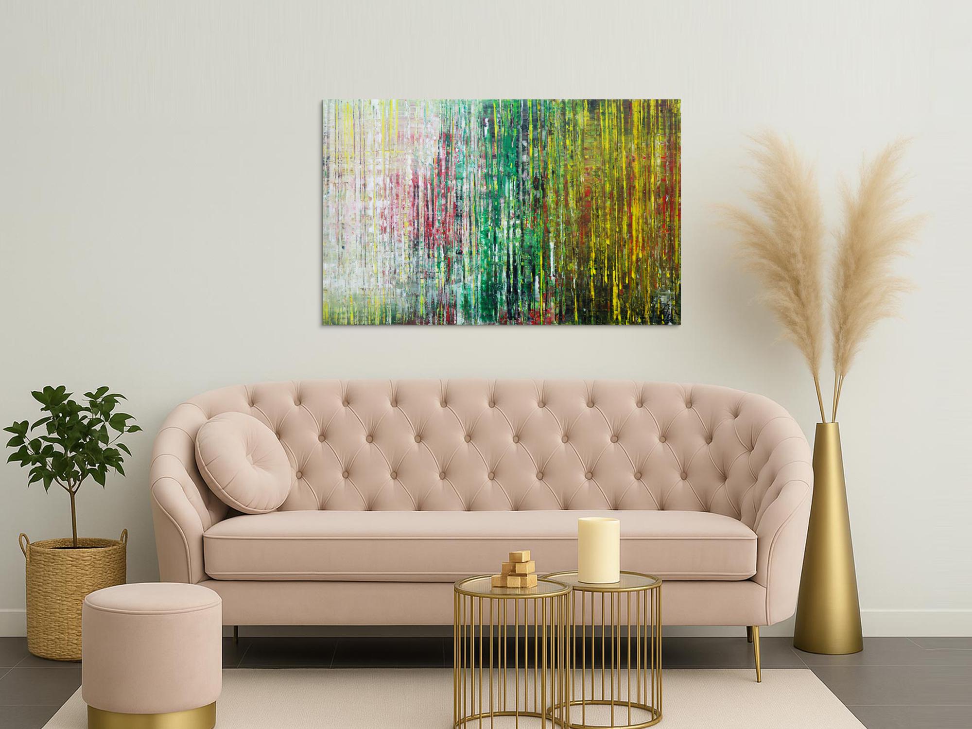 Abstraktes Acrylbild spachteltechnik sehr modern weiß grün gelb handgemalt zeitgenössisch