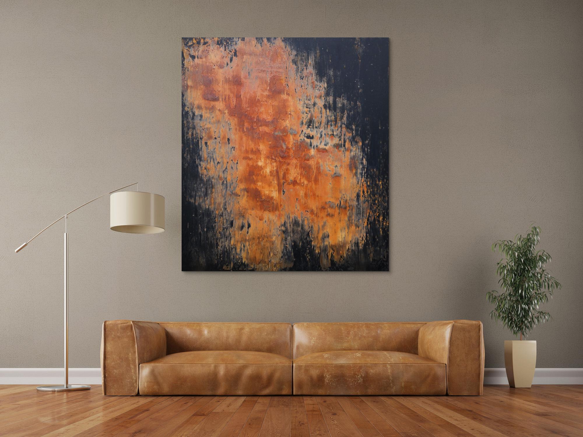 Abstraktes Acrylbild aus echtem Rost und Acryl Mischtechnik sehr modern Rost auf schwarzer Leinwand