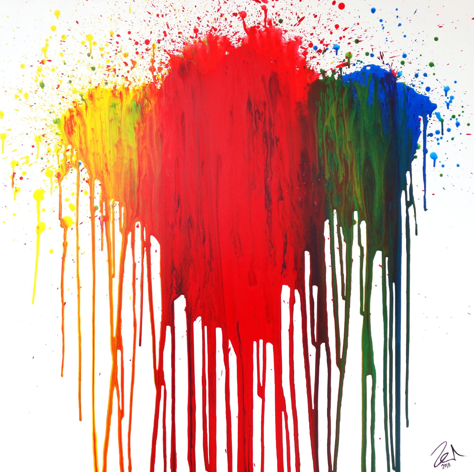 Abstraktes Acrylbild modern in fließtechnis rot gelb grün blau auf weiß zeitgenössisch