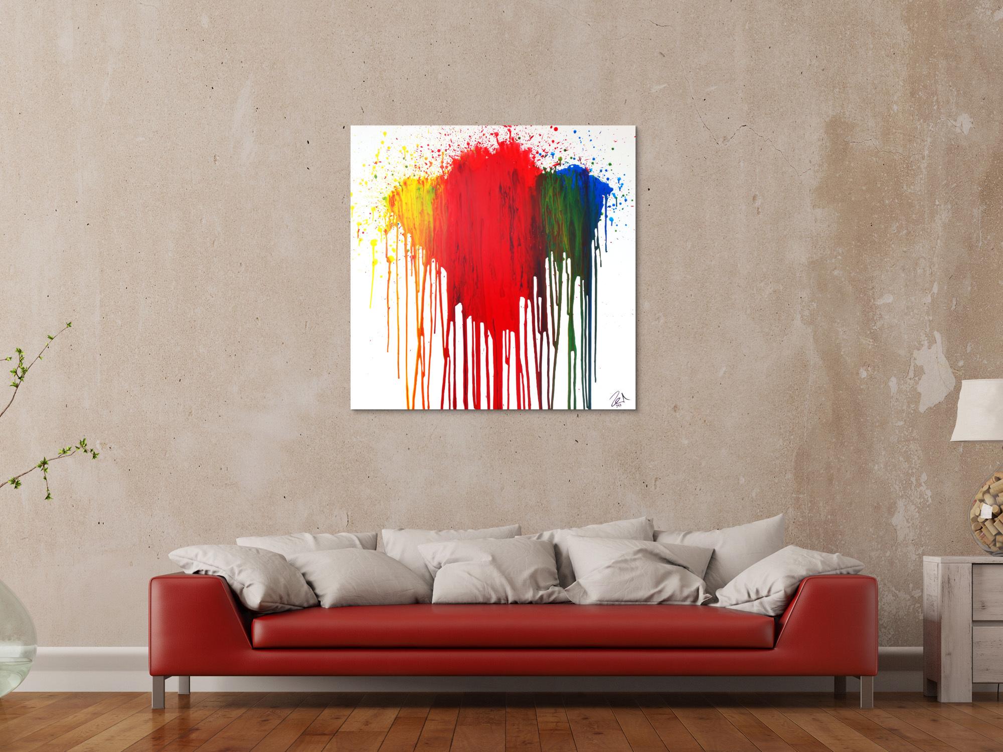 Abstraktes Acrylbild modern in fließtechnis rot gelb grün blau auf weiß zeitgenössisch