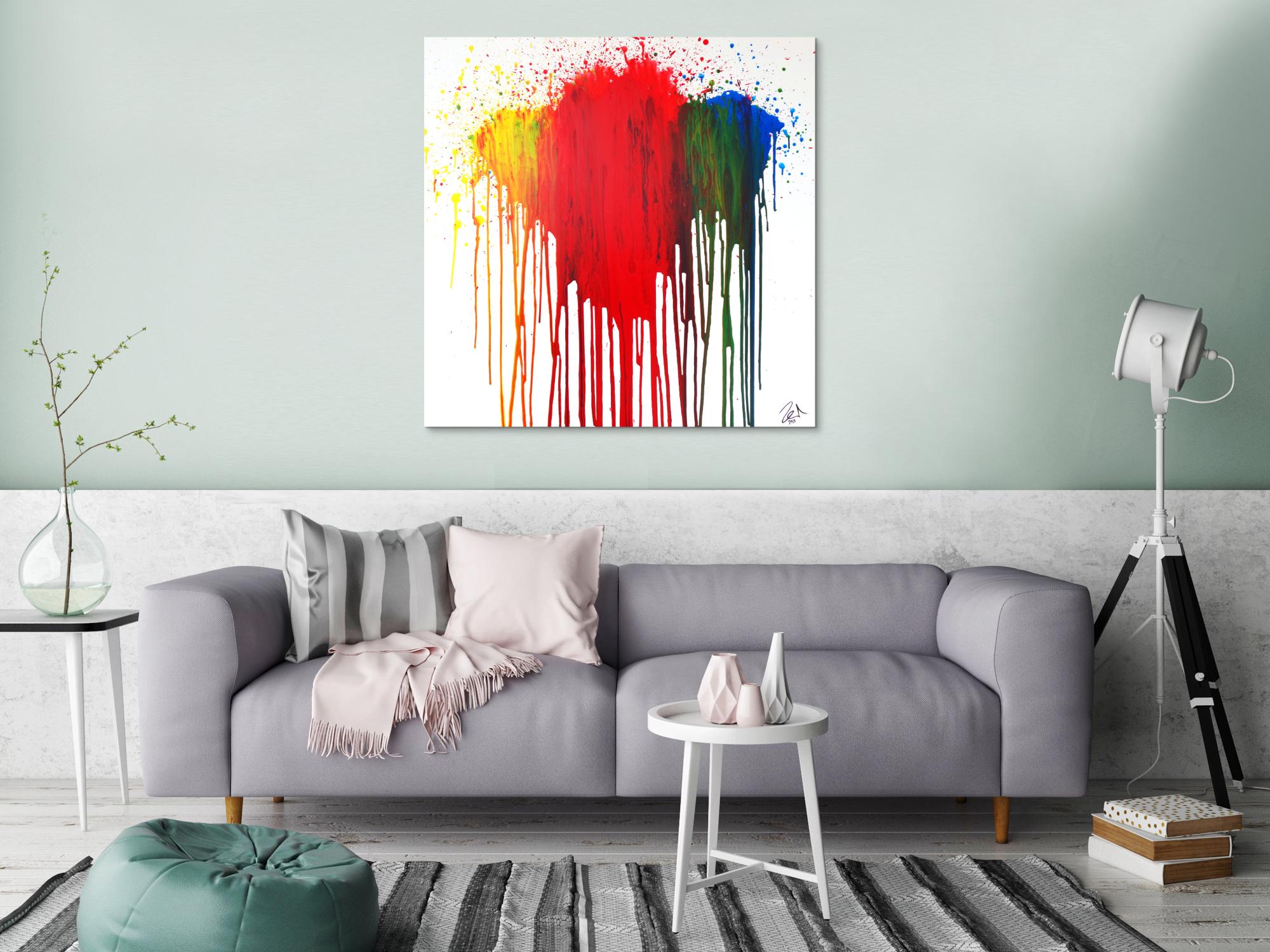 Abstraktes Acrylbild modern in fließtechnis rot gelb grün blau auf weiß zeitgenössisch