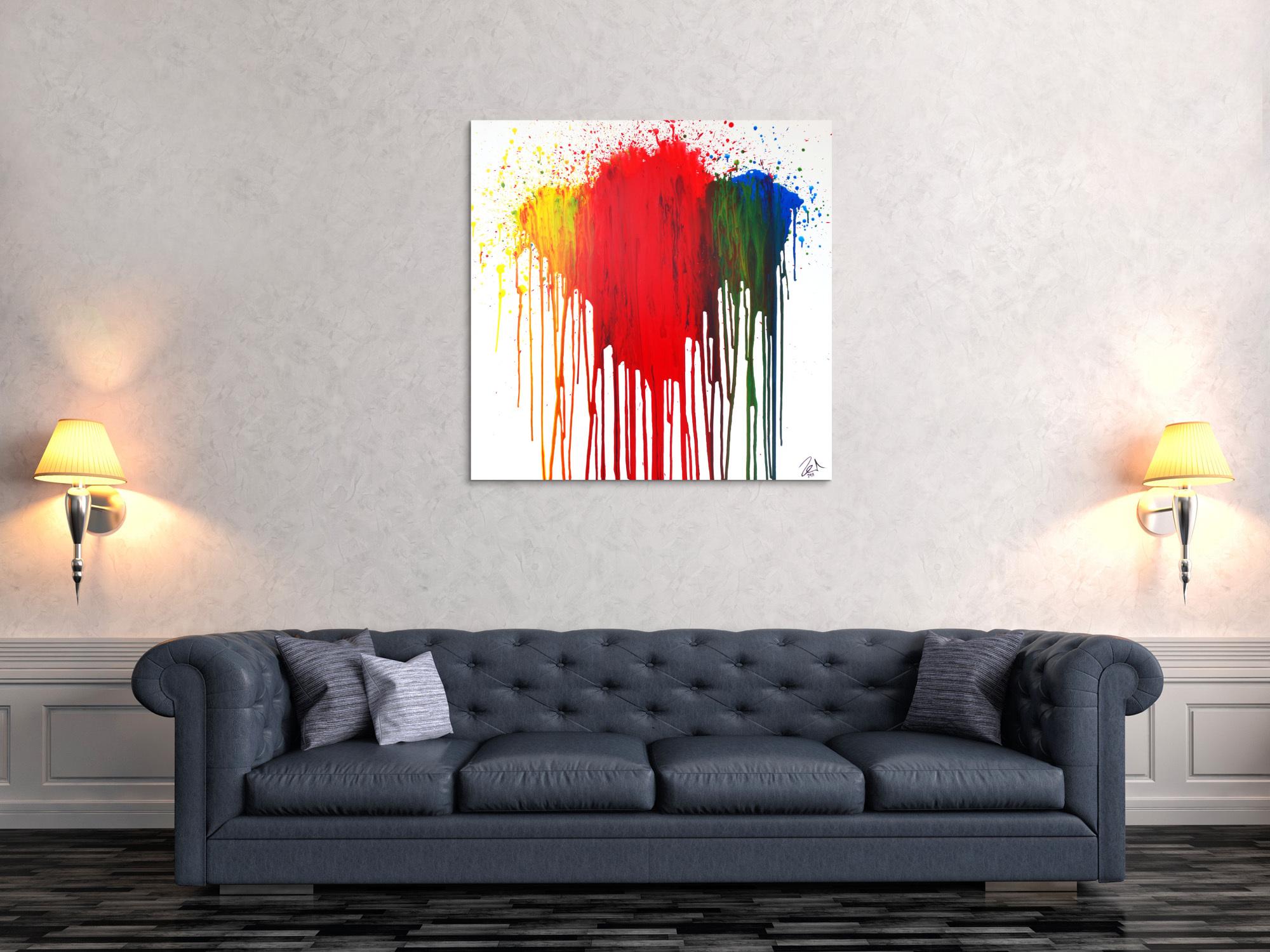 Abstraktes Acrylbild modern in fließtechnis rot gelb grün blau auf weiß zeitgenössisch